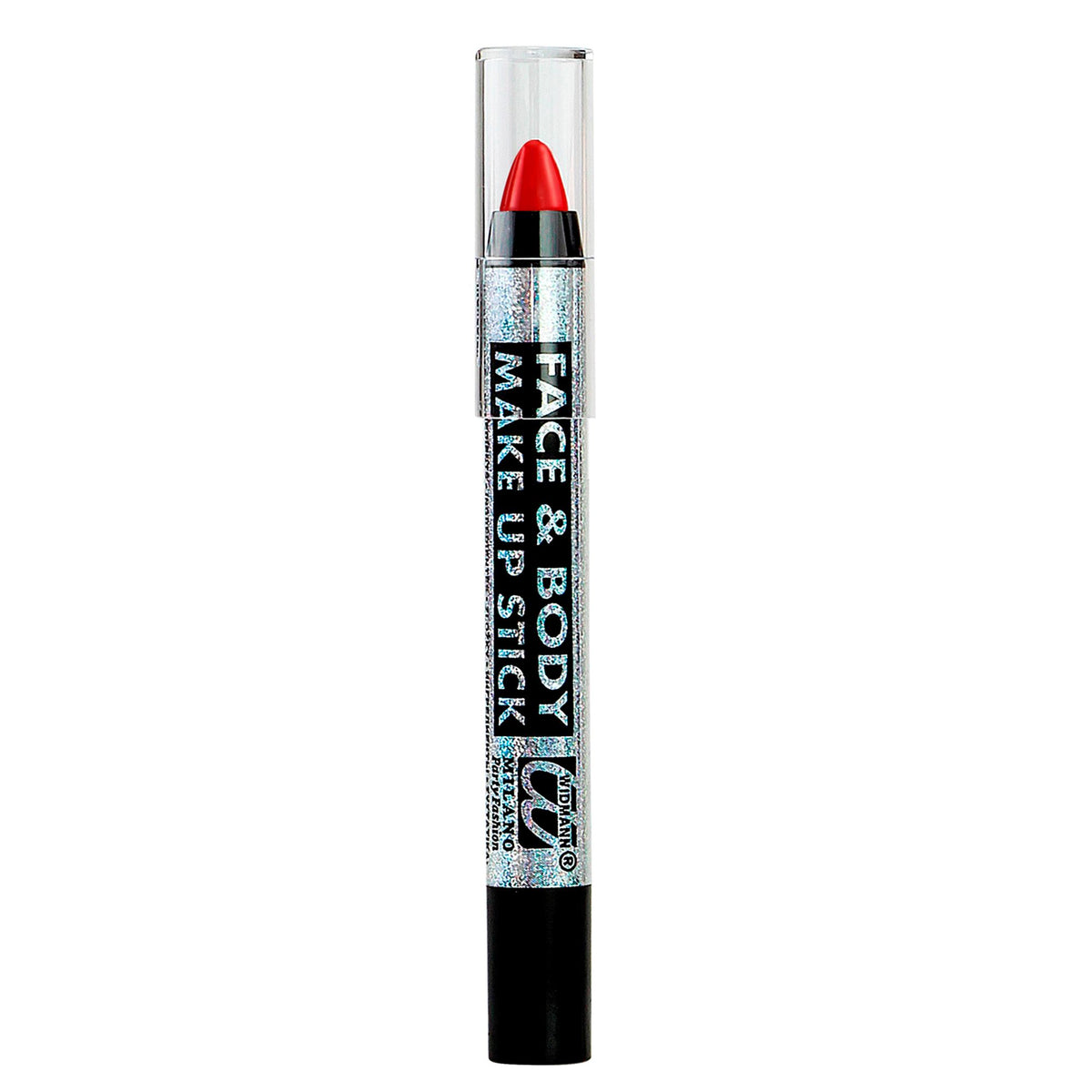 A single cosmetic face and body makeup stick in a clear cylindrical case with a black cap, showing a bright red bullet. The label reads 'FACE & BODY MAKE UP STICK' with a stylized 'U' logo and 'Garnier' branding.