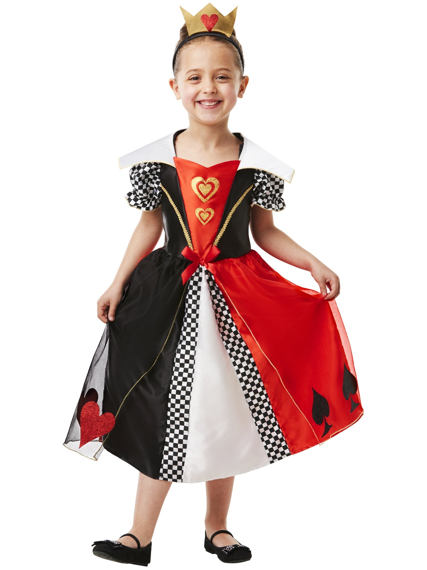 A smilling girl modelling a Red Queen of Hearts costume with a chequered dress, heart motifs, and high white collar for World Book Day.