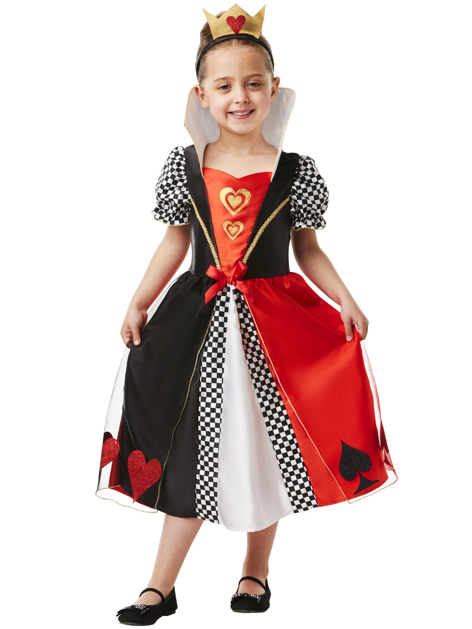 Girl modelling a Red Queen of Hearts costume with a chequered dress, heart motifs, and high white collar.