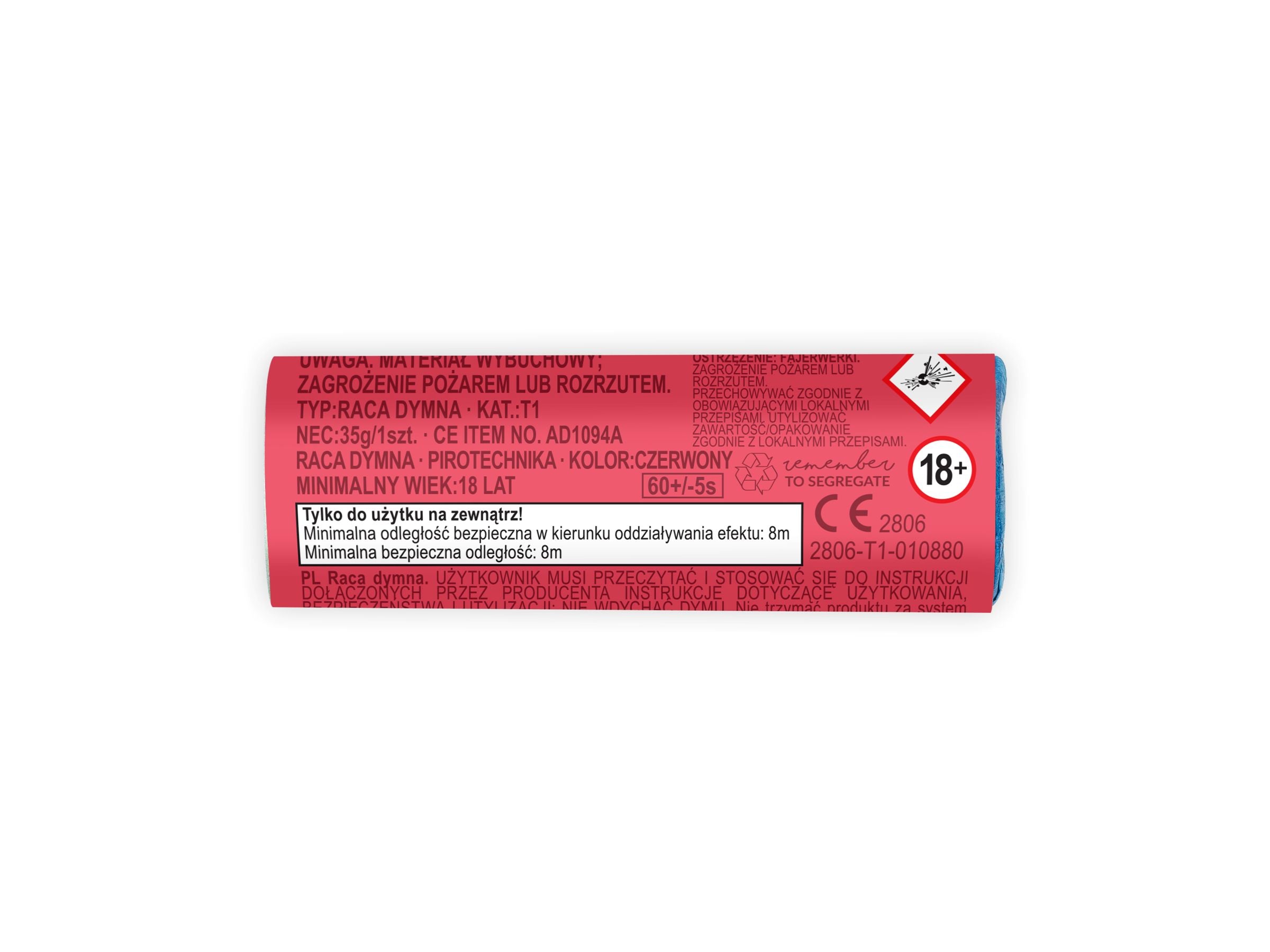 Technical label of a red smoke bomb showing CE marking, T1 theatrical classification, and 18+ age restriction warnings.