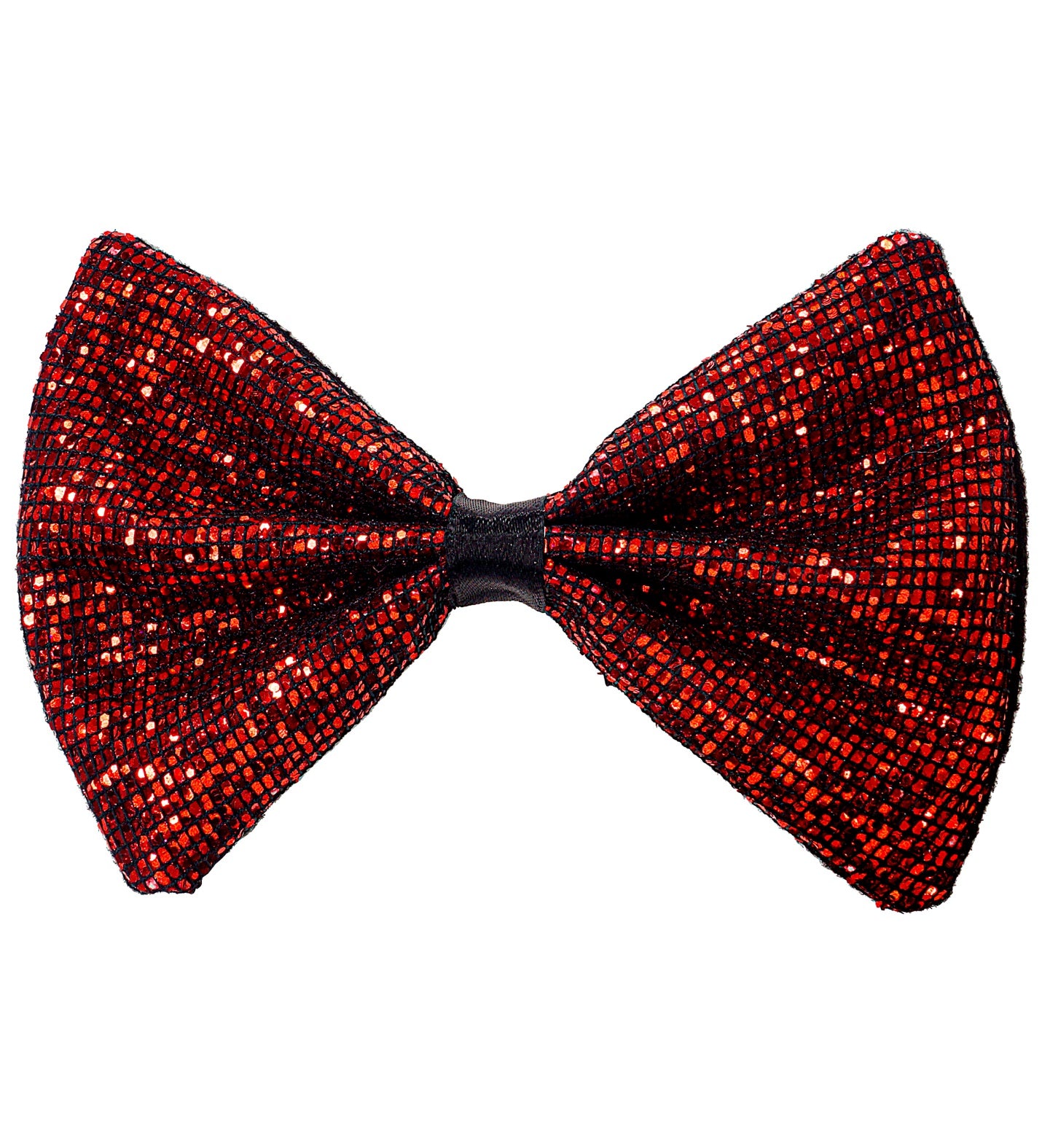 A red bowtie accessory completely covered in red glitter with a black center knot.