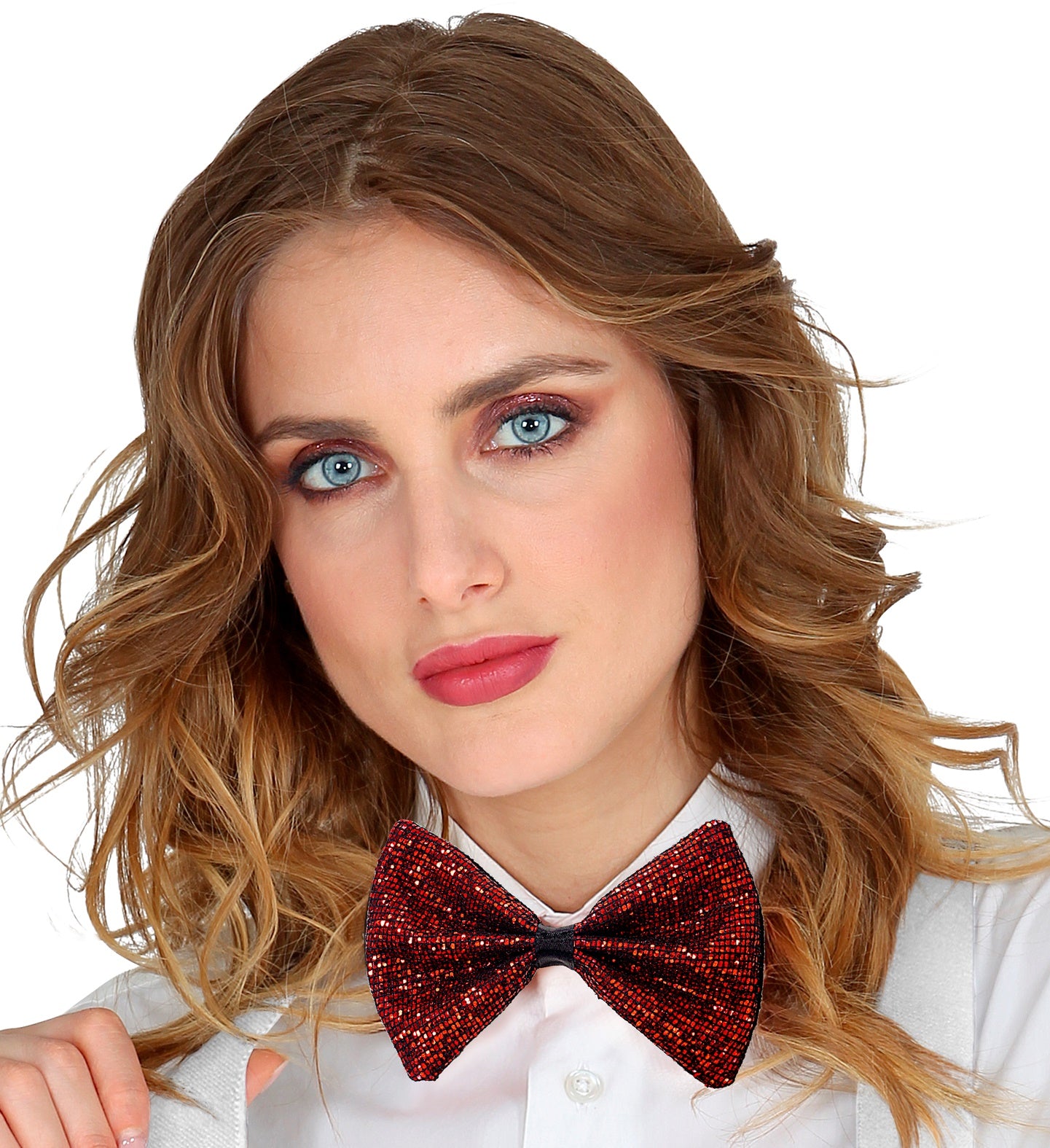 A woman with blue eyes wearing the red glitter bowtie for a stylish, festive look.