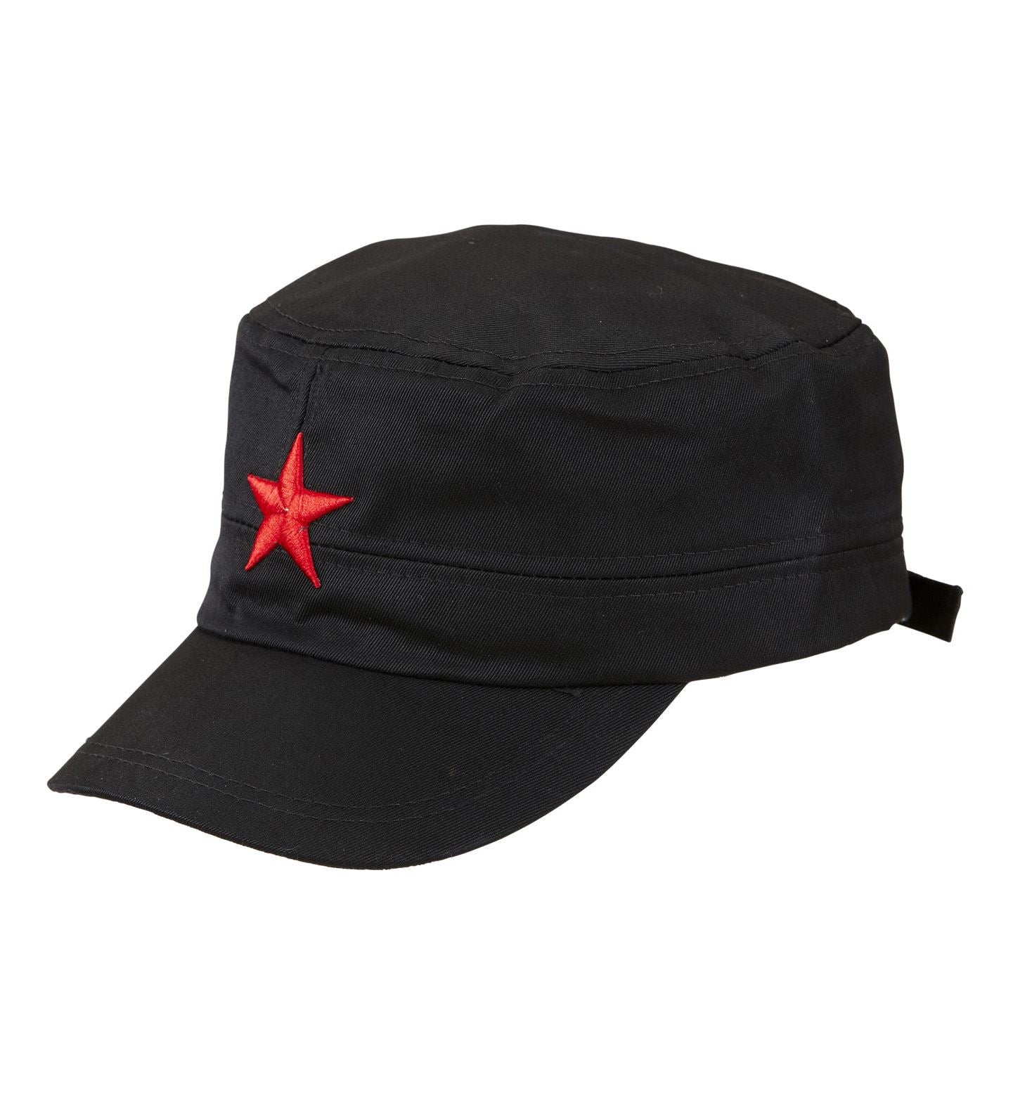 A black patrol-style military cap with a flat top and a small red embroidered star on the front.