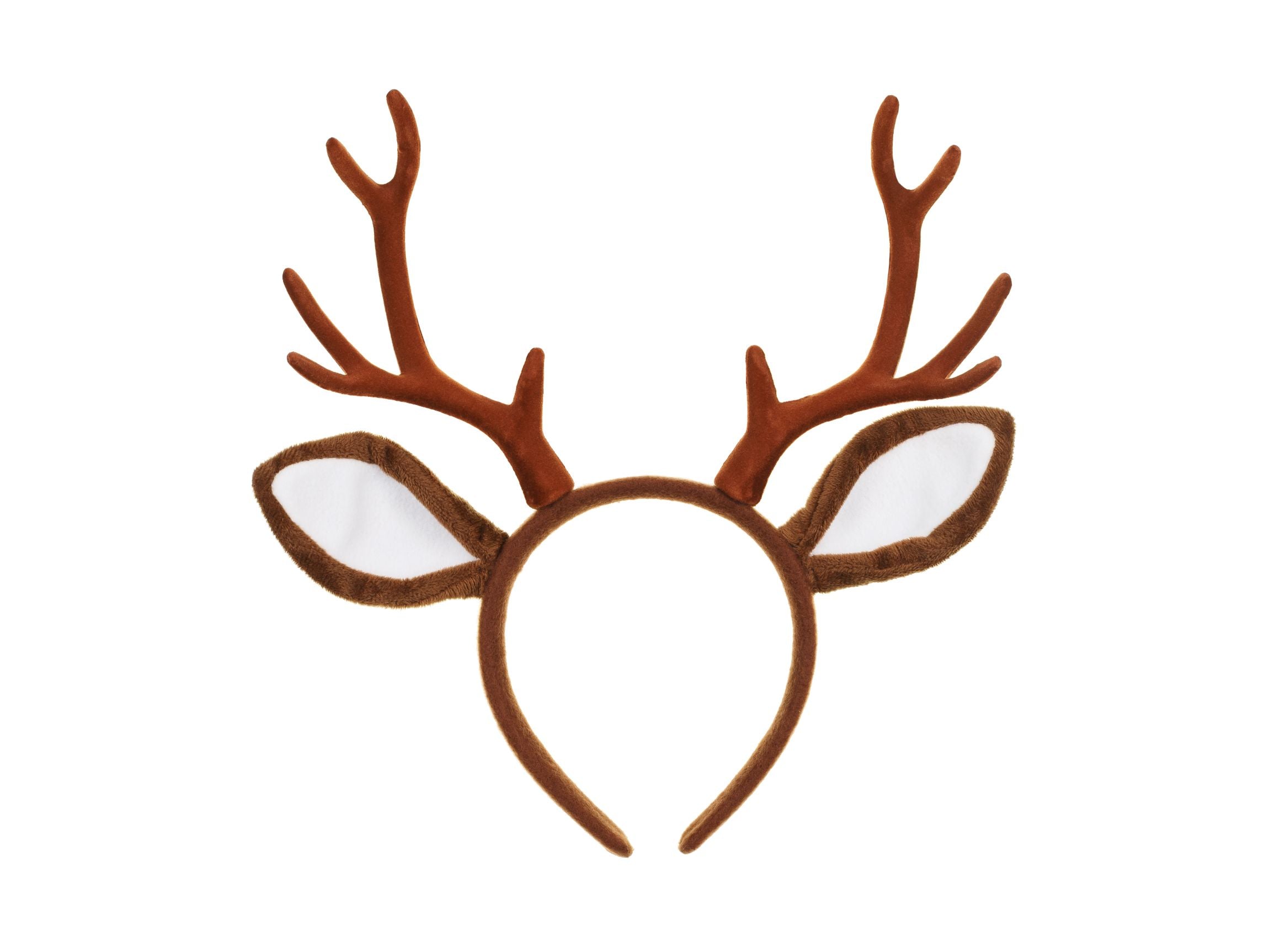 A plush brown reindeer antler headband with antlers and white-lined inner ears.