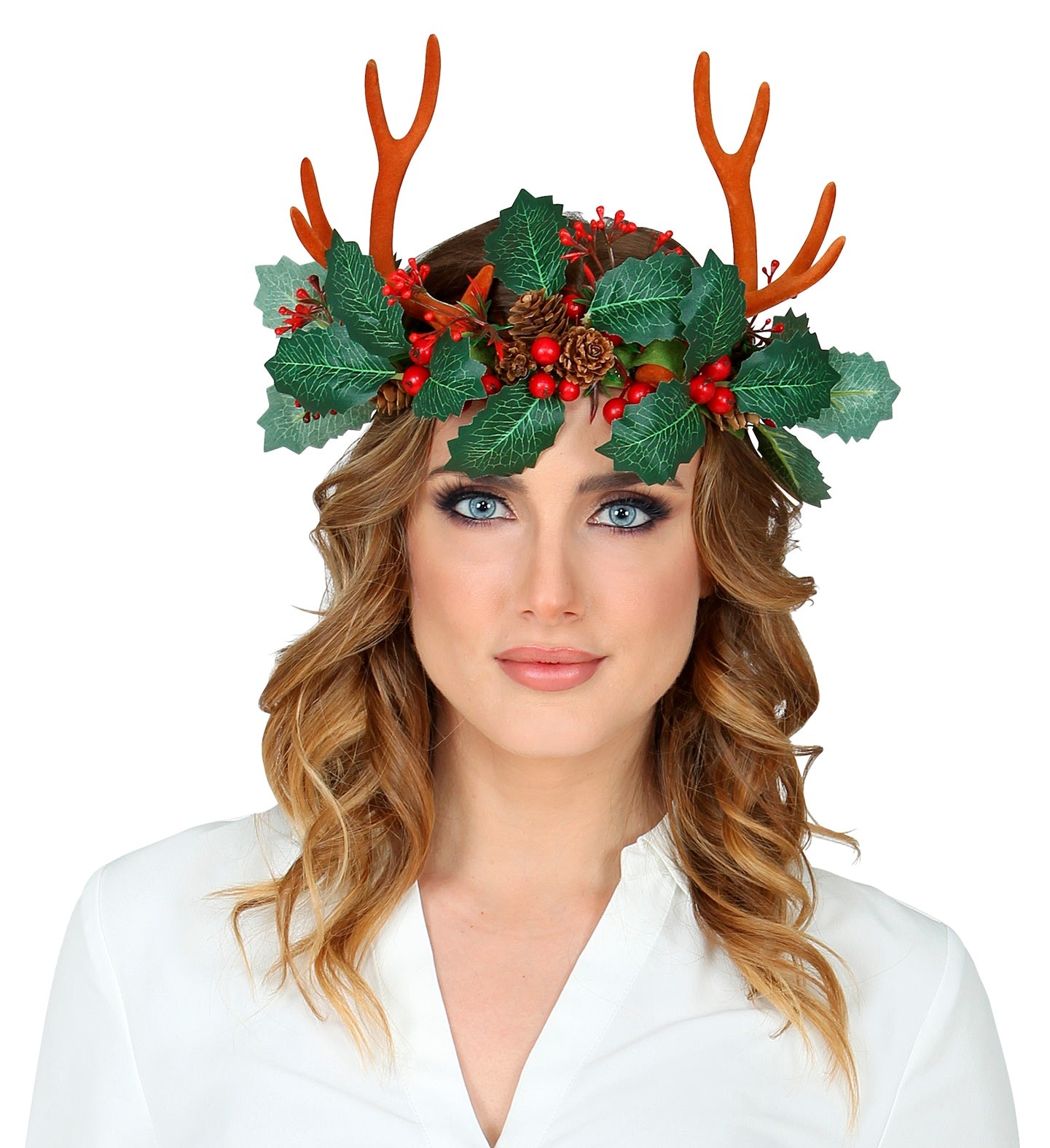 Reindeer Antlers with Holly and Pinecones headpiece