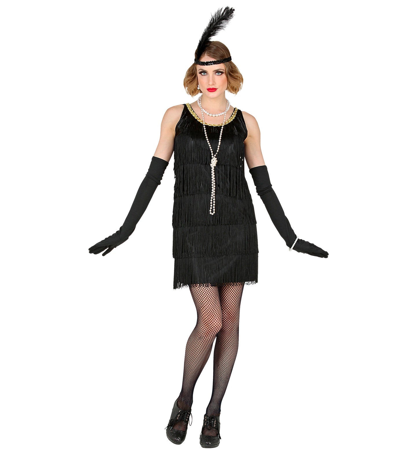 Woman modelling a black 1920s flapper costume with gold sequin collar detail, tiered fringe, and feather headband.