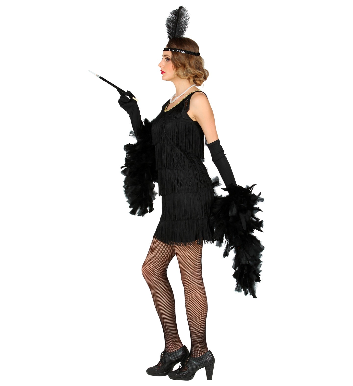 Profile view of the black 1920s flapper costume highlighting the movement of the tassels and the upright black feather.