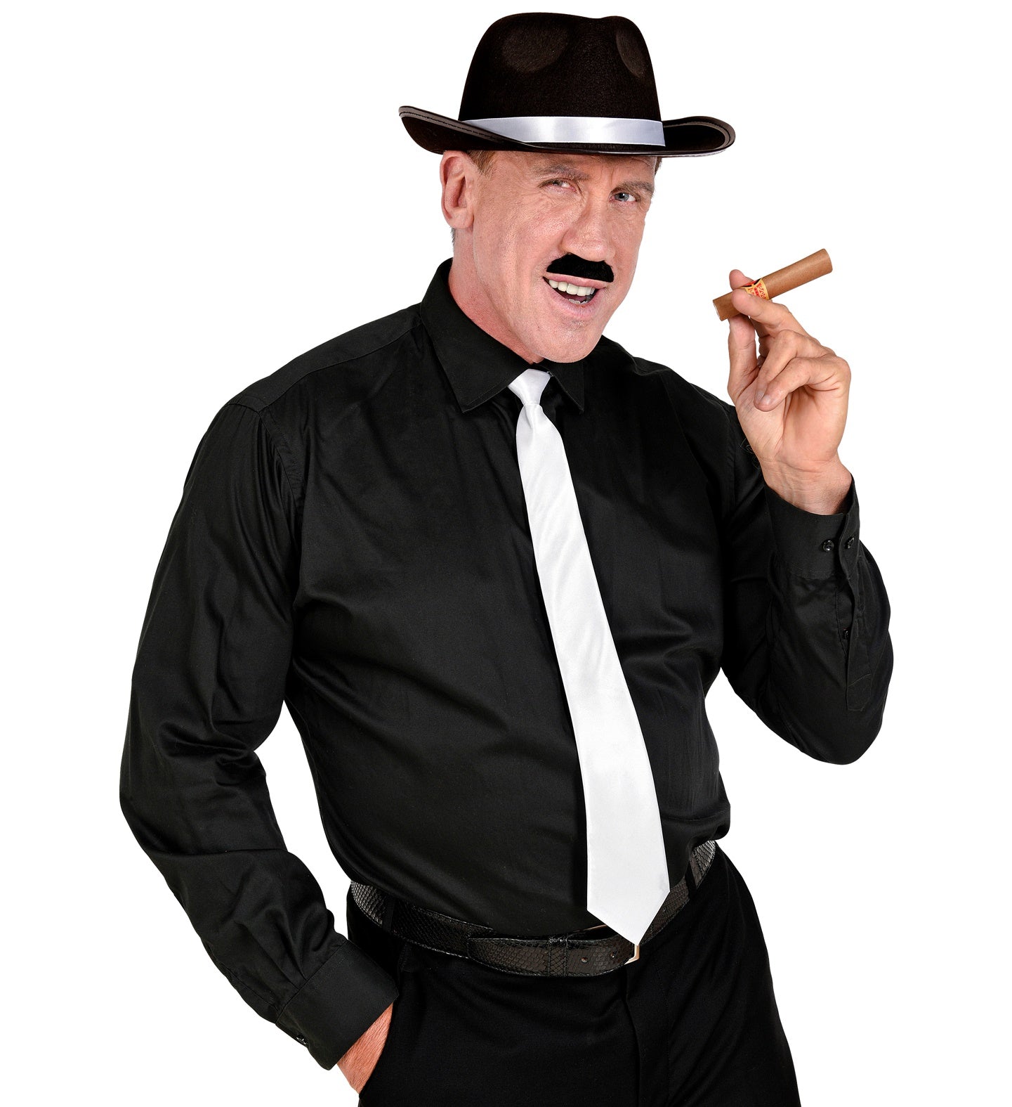 A smiling man in a 1920s gangster costume featuring a black hat with a white band, a white satin tie, a fake moustache, and holding a prop cigar.