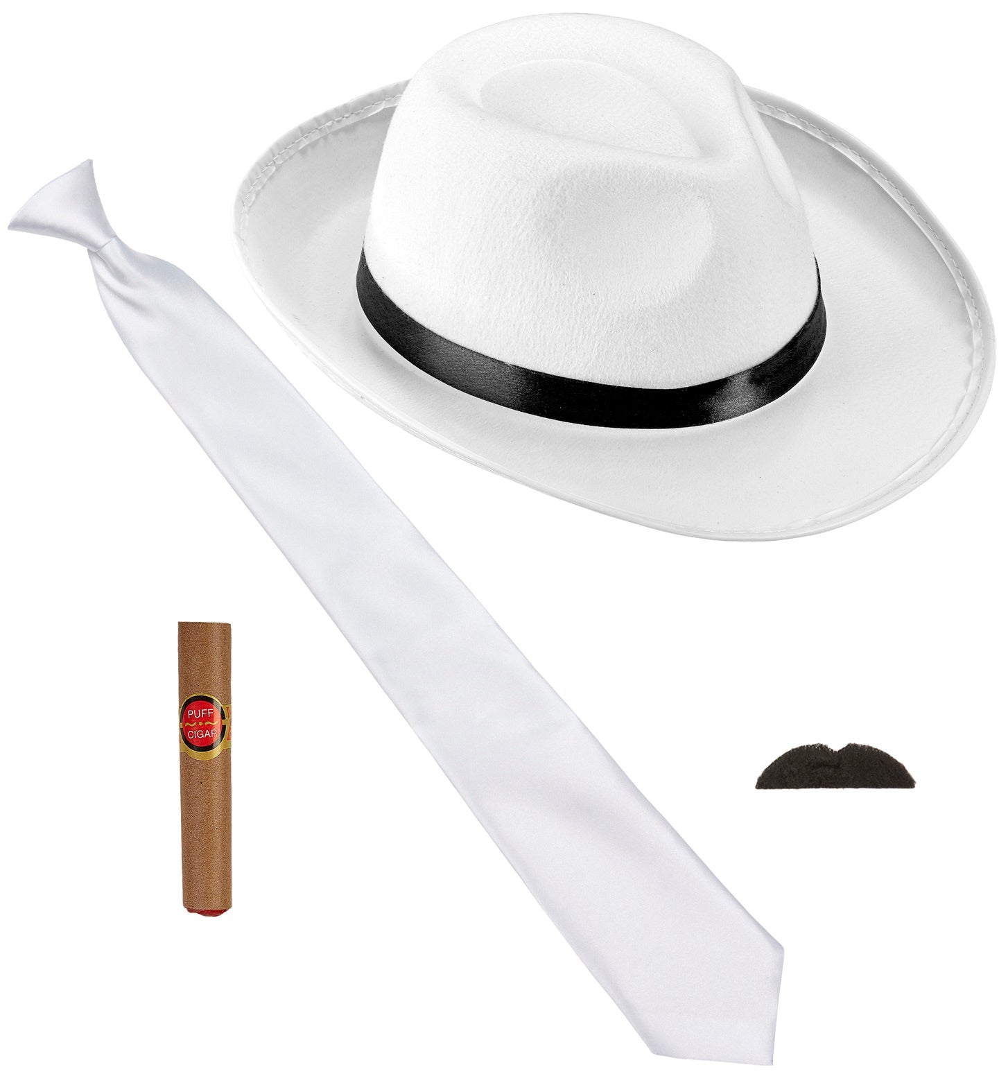 Flat lay of a 4-piece gangster costume accessory kit showing a white fedora with a black band, a white tie, a small black moustache, and a prop puff cigar.