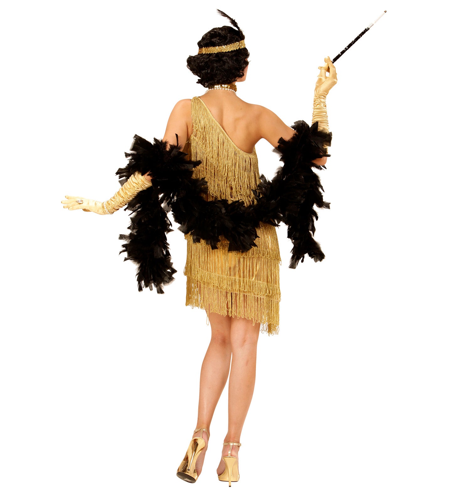 The back of the gold flapper costume highlighting the asymmetric shoulder design and multiple rows of swaying fringe.