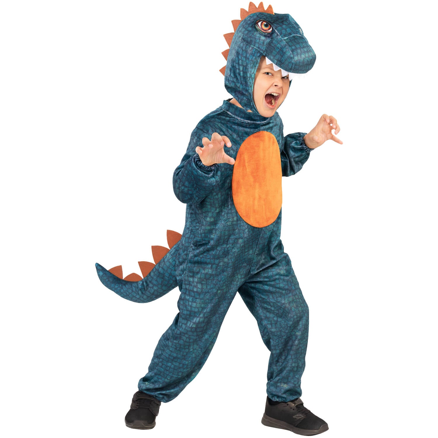 A child playfully posing with hands up like claws and roaring, wearing a teal-blue dinosaur T-Rex Halloween costume jumpsuit featuring a scale print, an orange belly, soft brown spikes down the back, an attached tail, and a hood with printed dinosaur eyes and felt teeth.