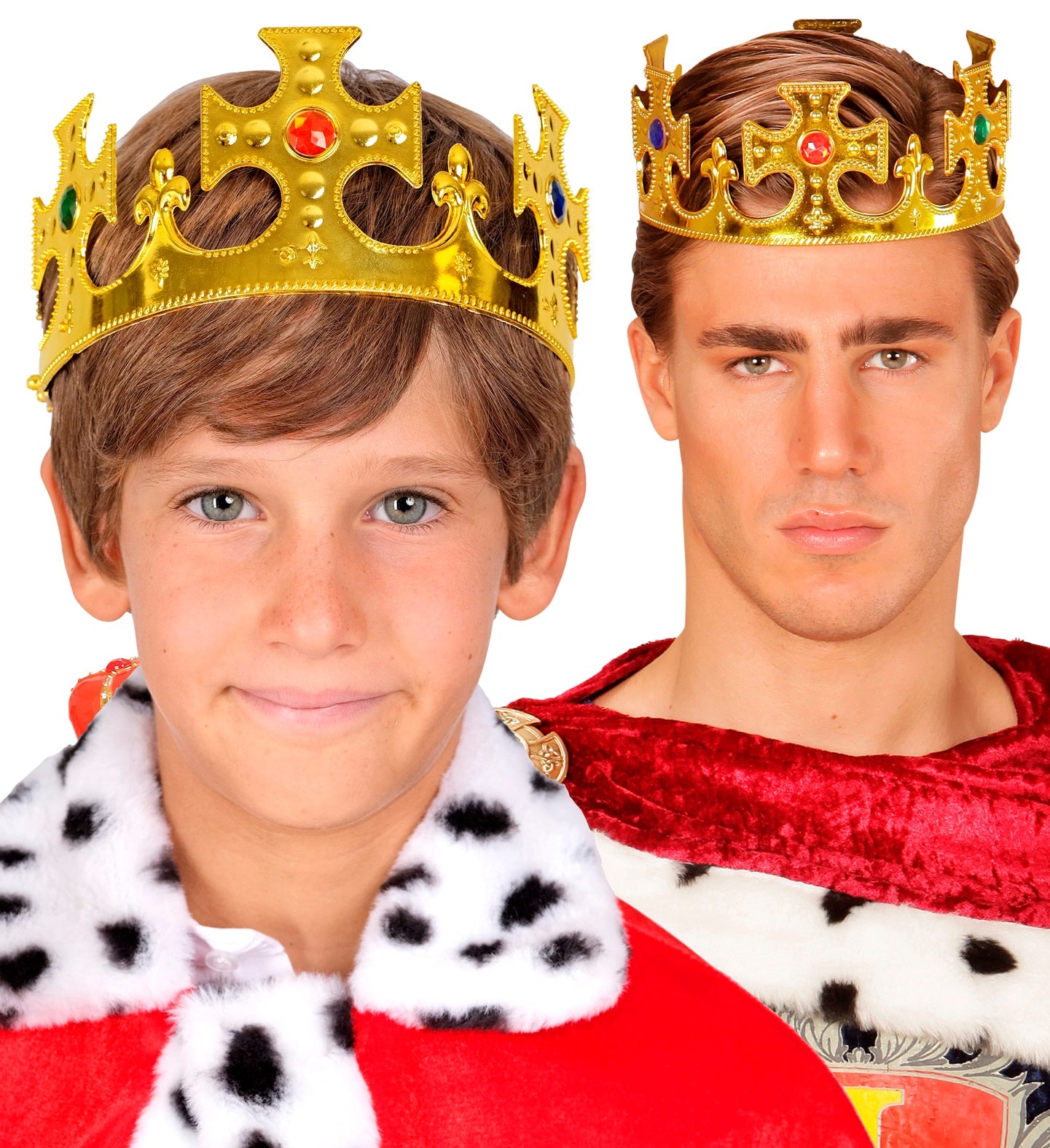 A collage showing an adult man and a child both wearing the adjustable gold crown over royal robes.