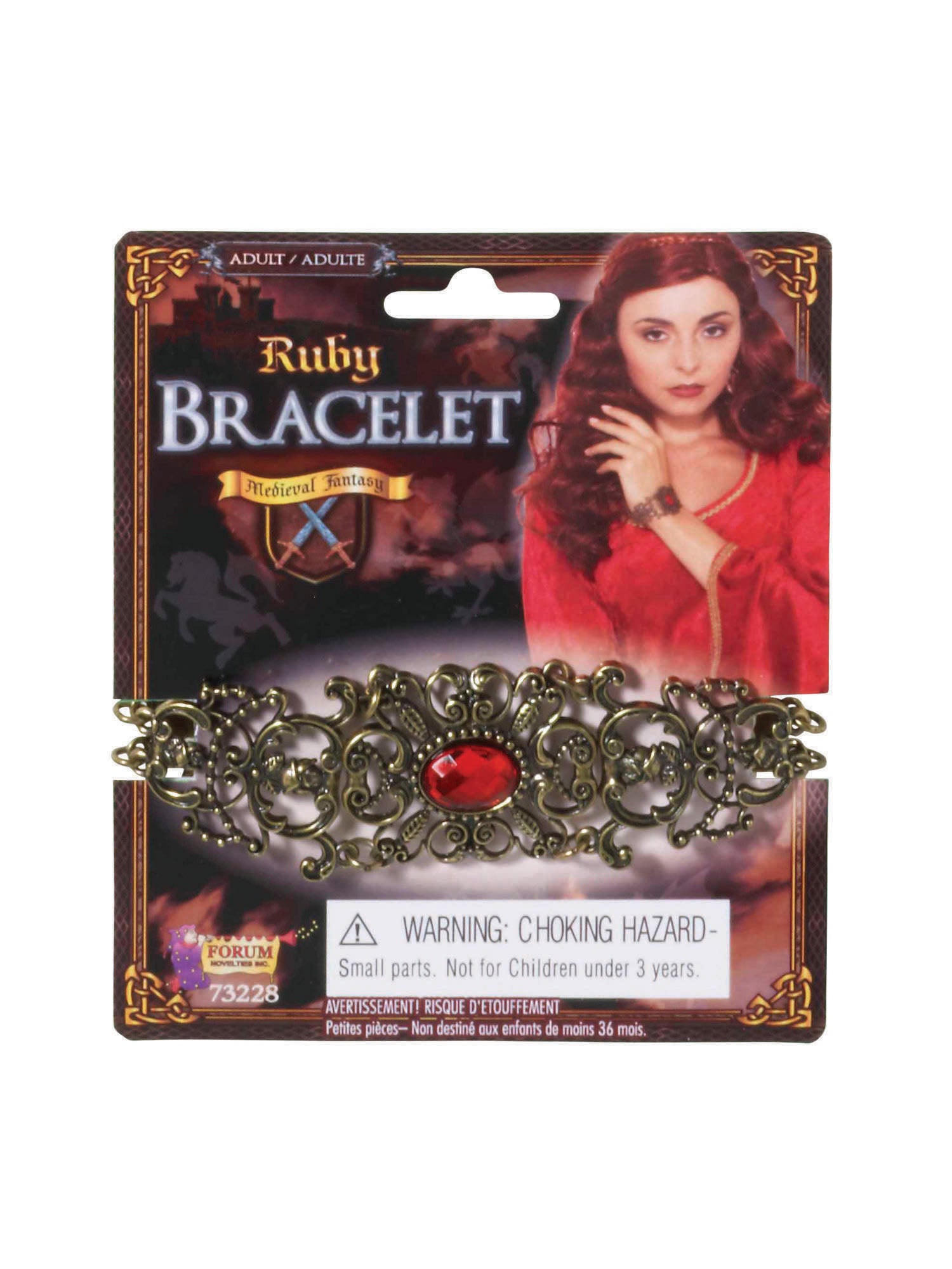 A packaged Ruby Stone Bracelet designed for adults, featuring a bronze pattern with a bright red plastic stone in the middle, displayed in a box with a graphic of a woman in a red costume and a castle in the background.