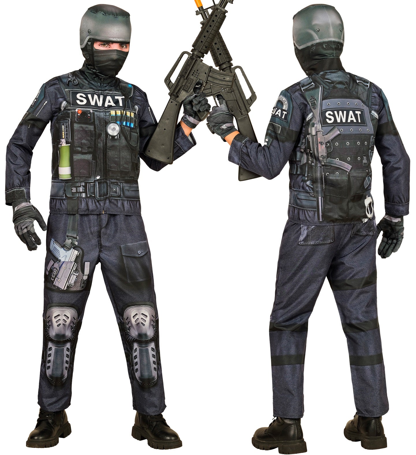 A child models the SWAT 'Fast Costume', front and back view, showing the 3D printed tactical gear and helmet mask.
