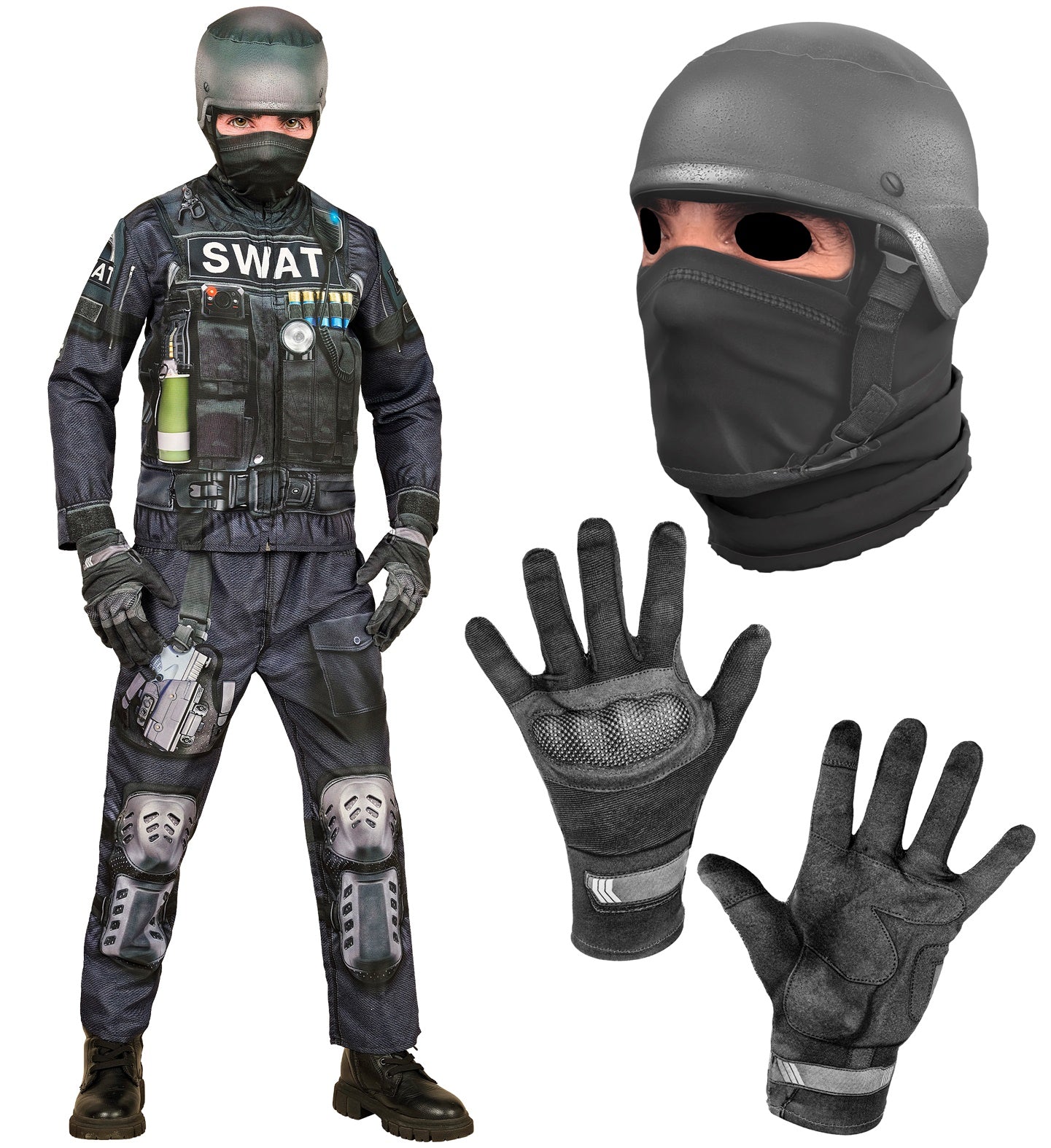 A collage showing the full child's SWAT costume and close-ups of the printed helmet mask and tactical gloves.