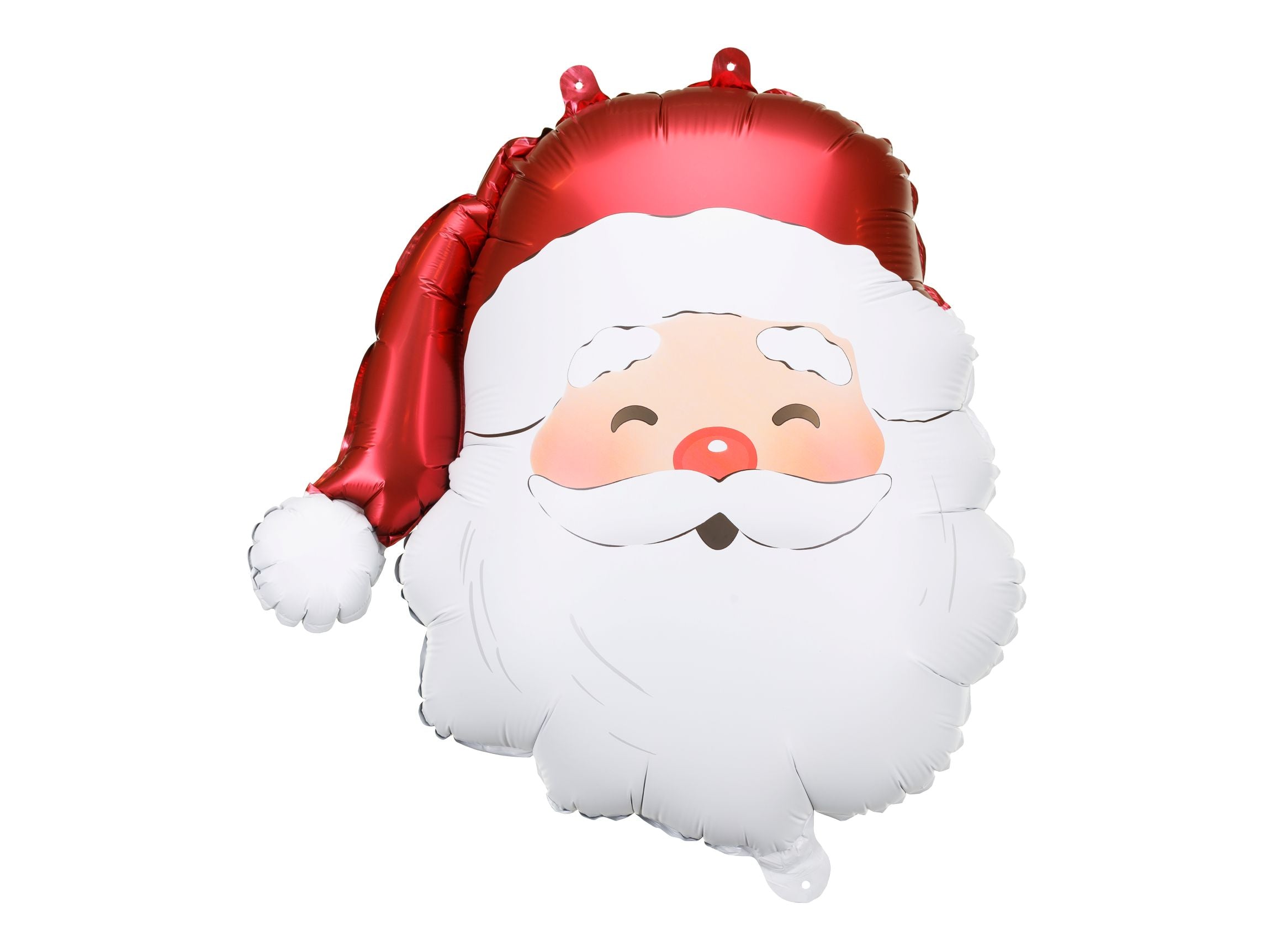 A foil balloon shaped like a smiling Santa Claus head with a red metallic hat.