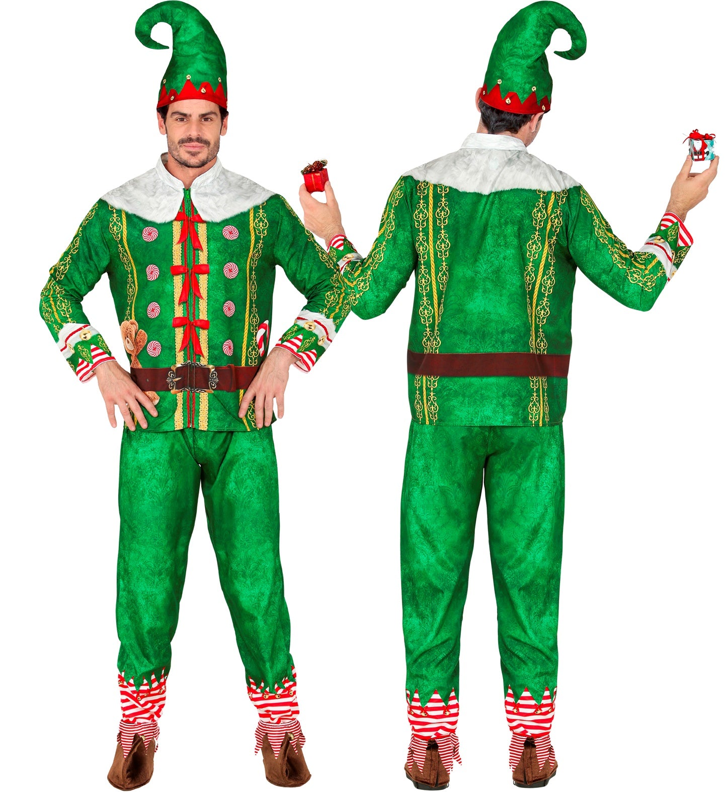 A man modeling the green santa helper elf fast costume with printed trim and curled hats.