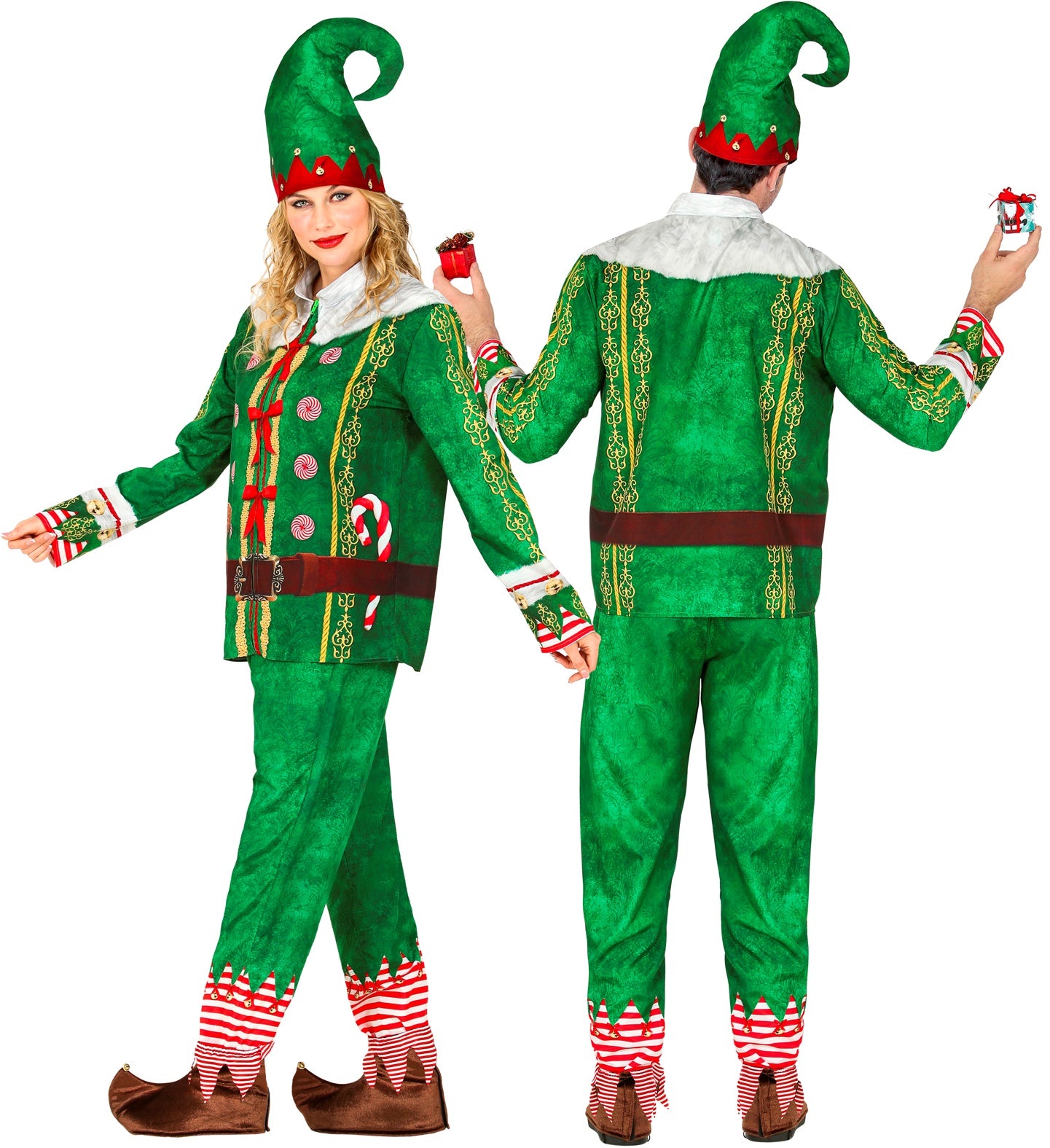 A man and woman modeling the green elf fast costume with printed trim and curled hats.