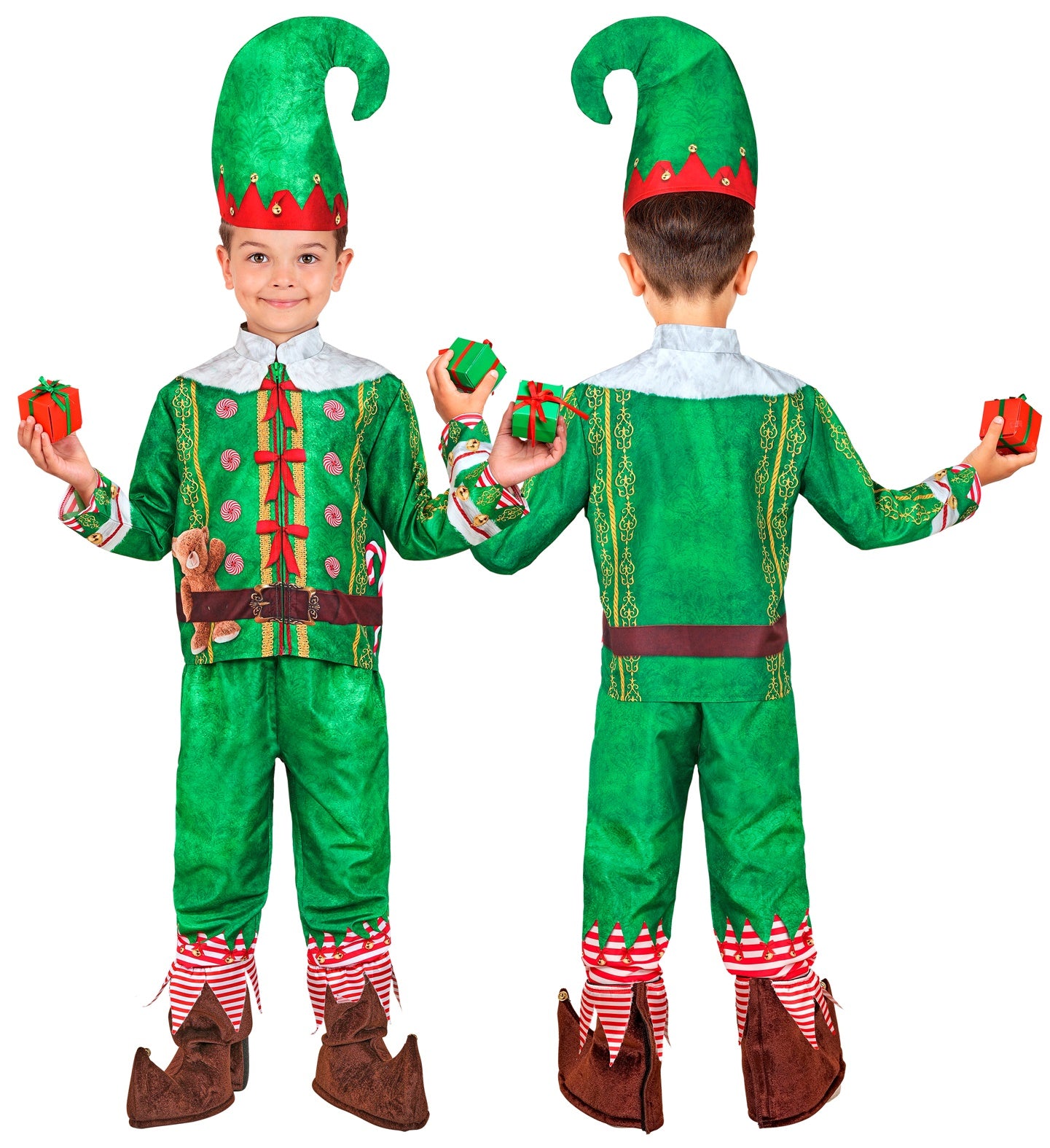 A boy in the printed elf costume, holding small Christmas gifts.