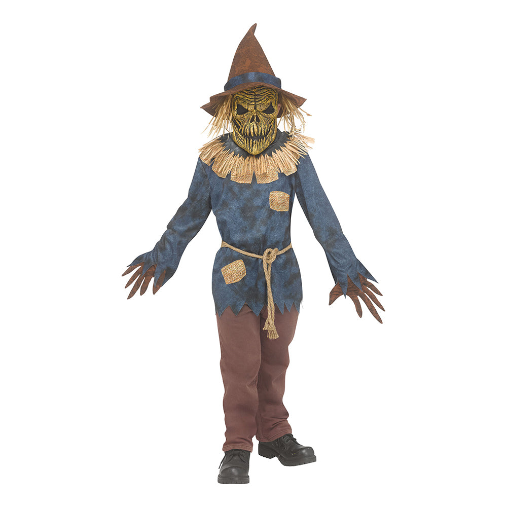 A child models a scary scarecrow costume, which includes a distressed blue top, a creepy demonic mask, a pointed hat, a straw collar, and long finger gloves.