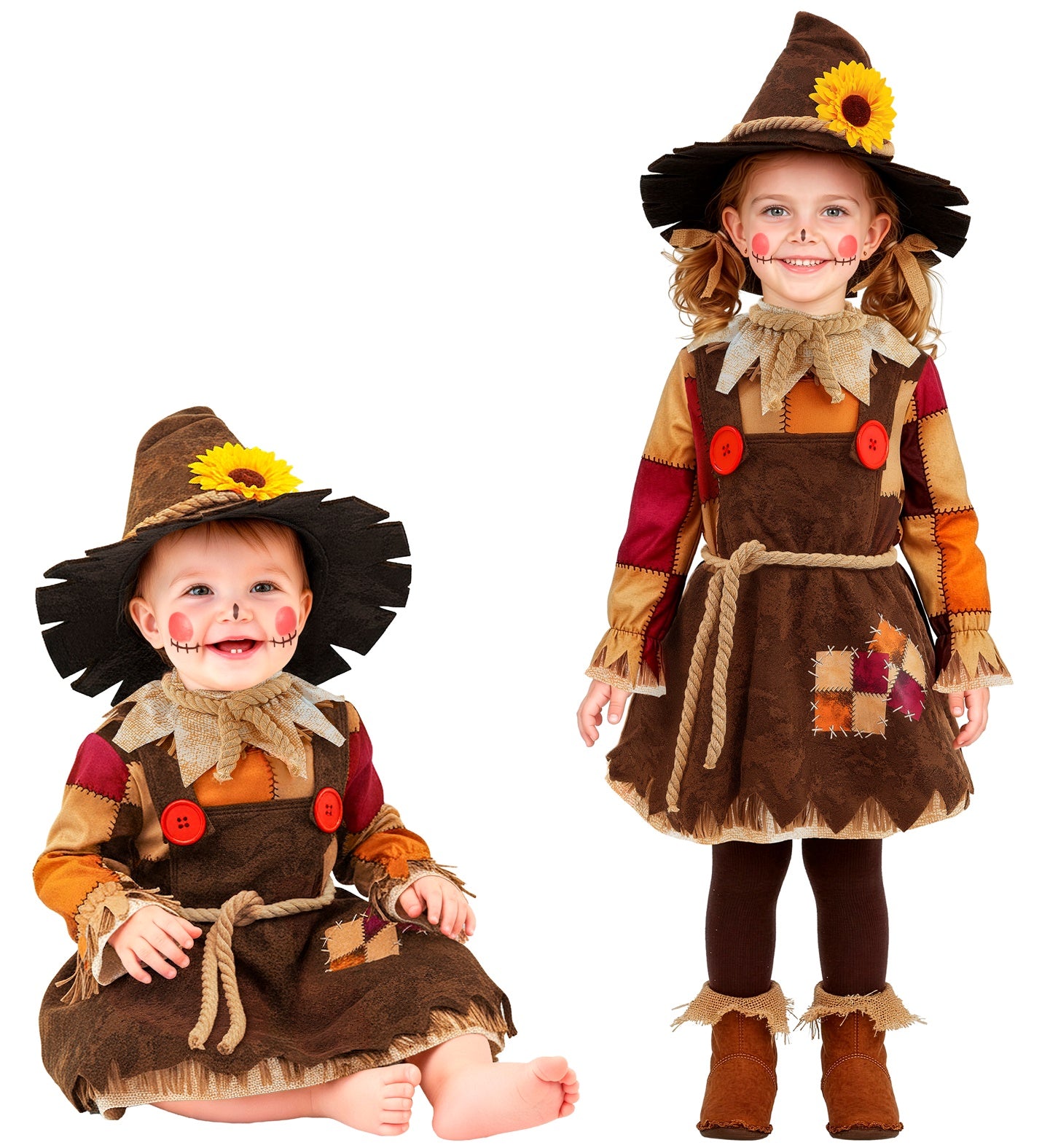 A split photo showing two playful poses of the autumn scarecrow outfit being worn, complete with a brown pointed hat, jagged collar, and plaid skirt.