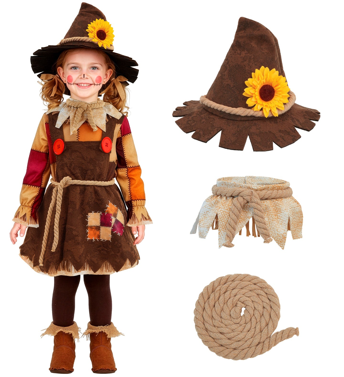 A product layout showing the scarecrow dress alongside isolated views of the included accessories: the pointed brown hat with a plaid band, the jagged beige collar, and the brown rope belt.