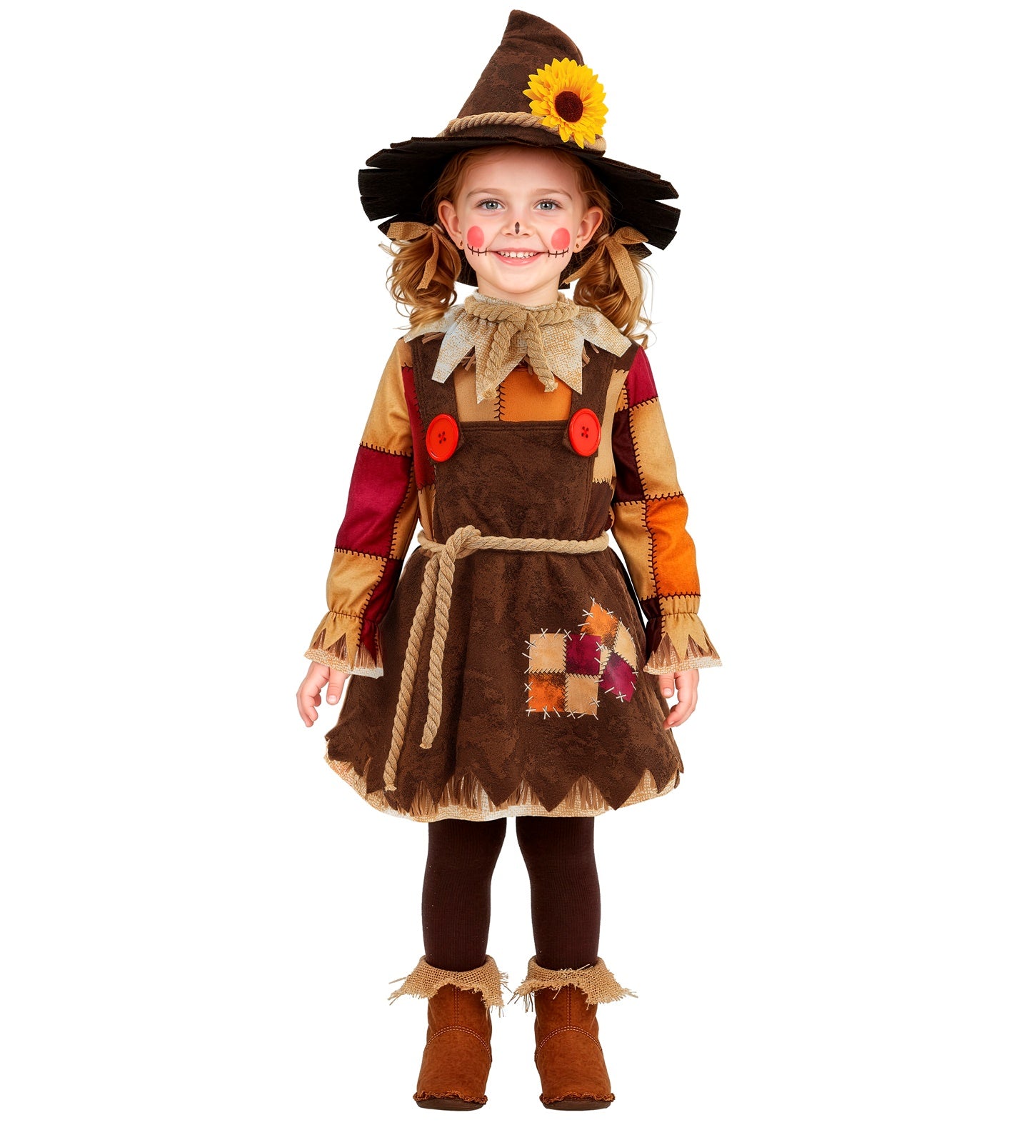 A full-length front view of the cute baby and toddler scarecrow costume featuring a denim-look top with printed patches, a vibrant plaid skirt, a rope belt, and a pointed brown hat.