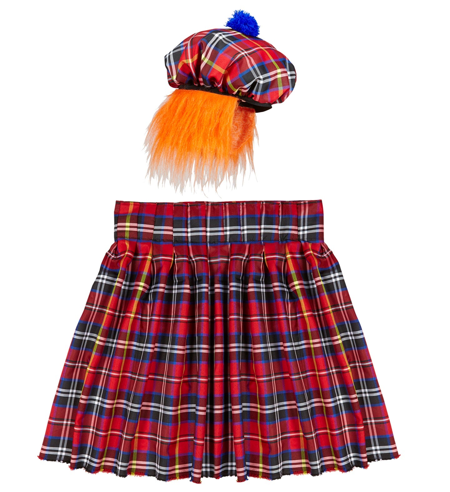 A hilarious men's Scotsman fancy dress costume kit displayed on a white background, featuring a bright red pleated tartan kilt and a matching traditional tartan Tam O' Shanter hat with a blue pom-pom and wild, attached bright orange hair.