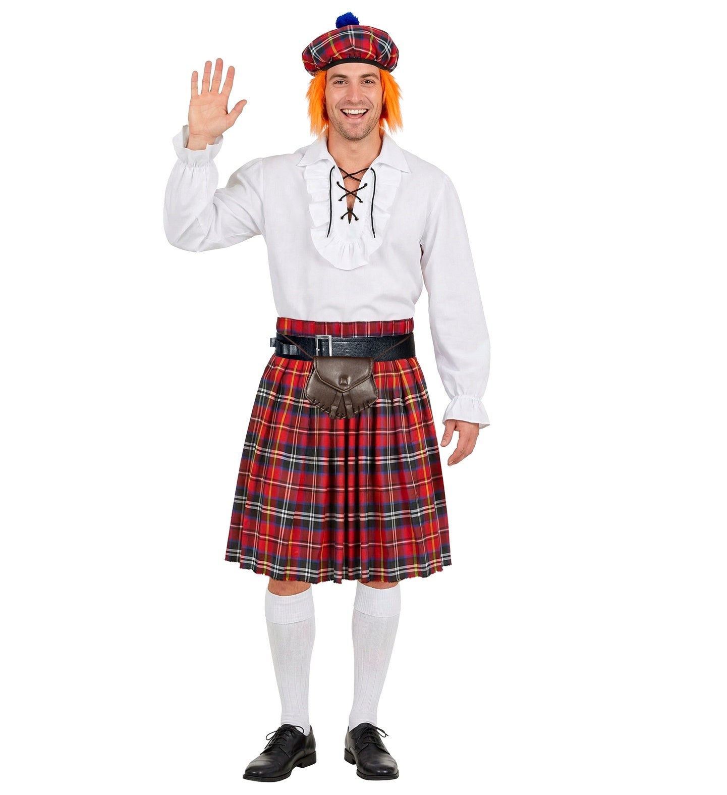 A man modeling a Scottish kilt costume against a plain white background. The costume includes a red, green, and blue tartan kilt with a black belt and brown flogger, a white long-sleeve shirt, white knee-high socks, black shoes, and a matching tartan bonnet with orange hair.