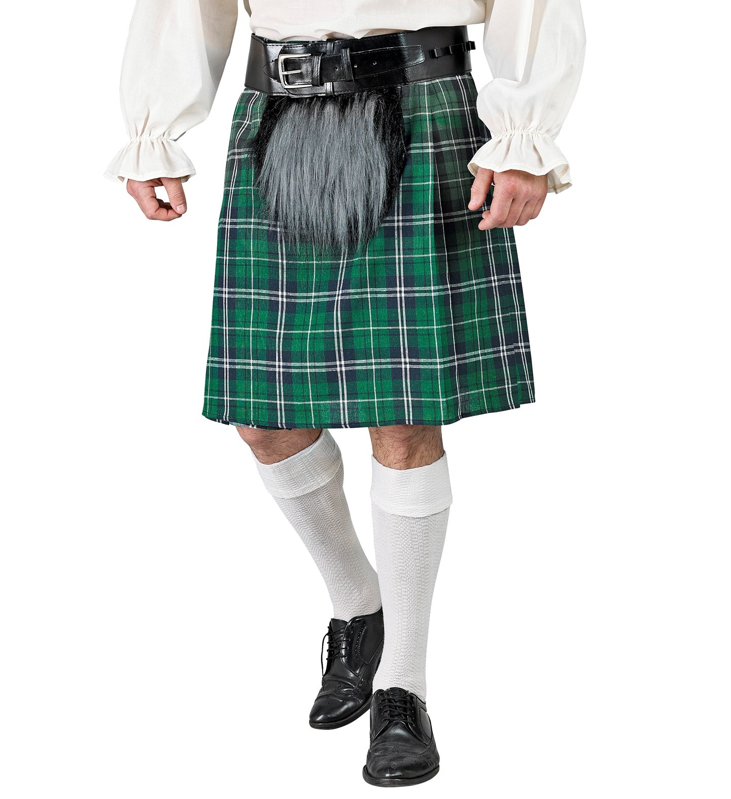 A close-up view of a green and black tartan fancy dress kilt paired with a wide black belt and a grey fluffy plush purse, styled with a white ruffled shirt and white knee-high socks.