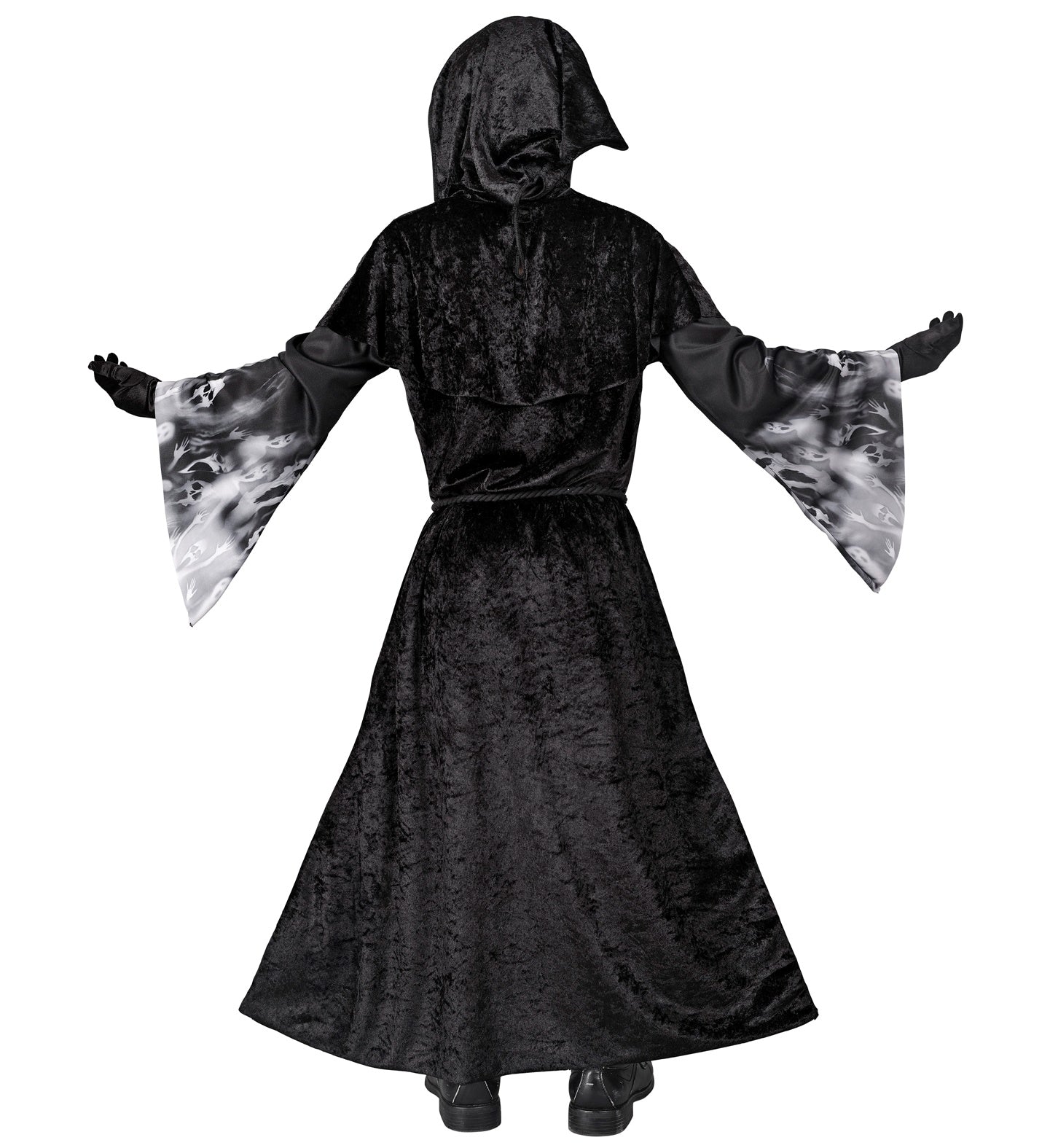 A back view of a child in the black, hooded robe with a capelet and rope belt. The ghostly face print is not visible from this angle.