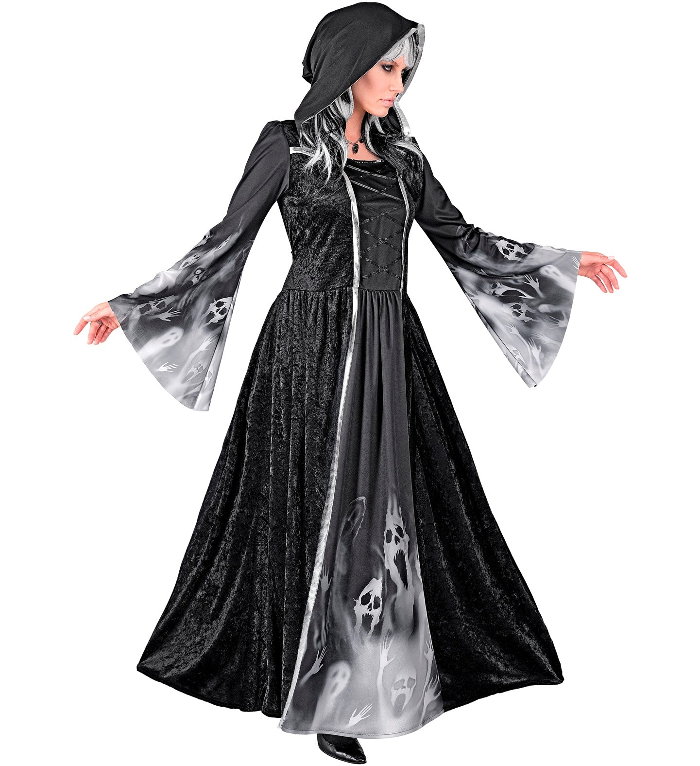 A side profile of a person in a full-length, hooded black dress, showing the ghostly screaming faces print on the skirt and the flared sleeves.