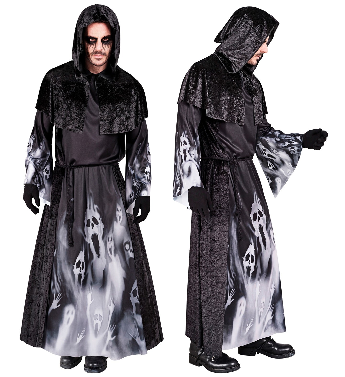A split image showing a men in the Screaming Souls costume from a front and side view. The costume is a black robe with a ghostly face print and a hooded capelet.
