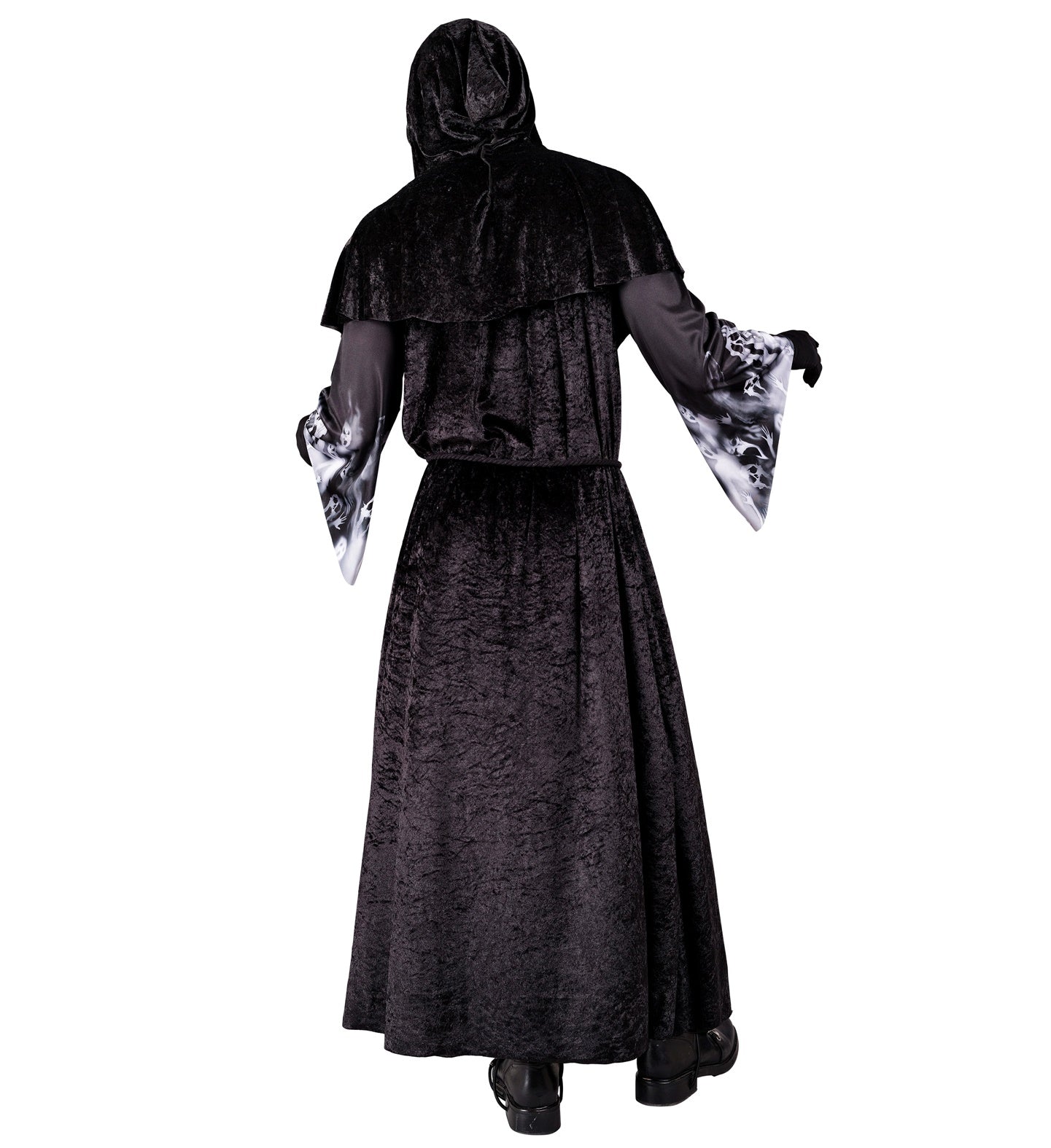 A back view of a person in the black, hooded robe with a capelet and rope belt. The ghostly face print is not visible from this angle.