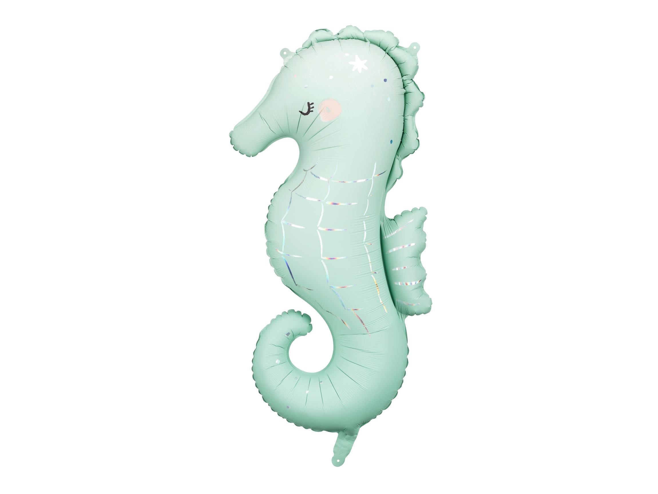 A large, light mint green foil balloon shaped like a whimsical seahorse with subtle iridescent accents and a friendly face, isolated on a white background.