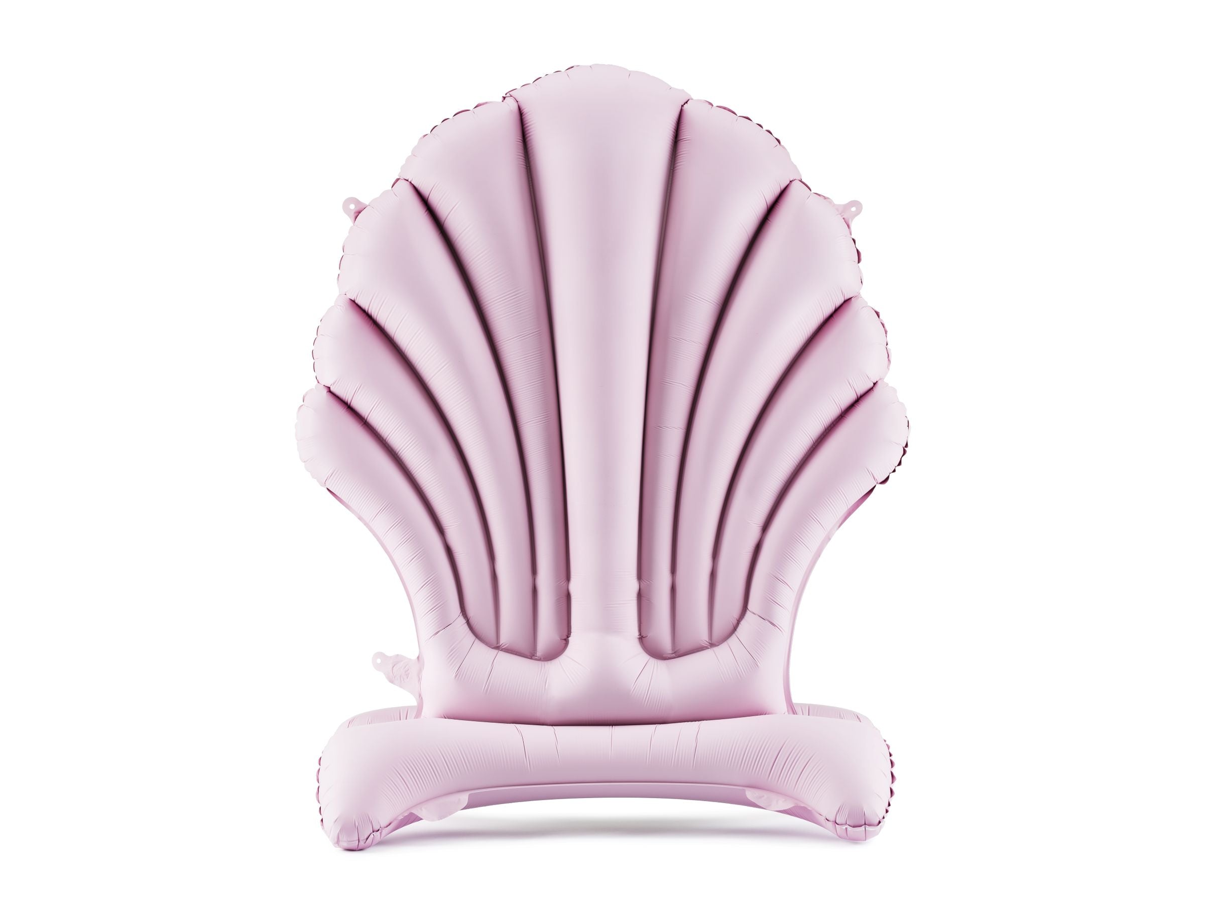 A large, elegant foil balloon shaped like an open seashell, in a soft pastel pink color, isolated on a white background.