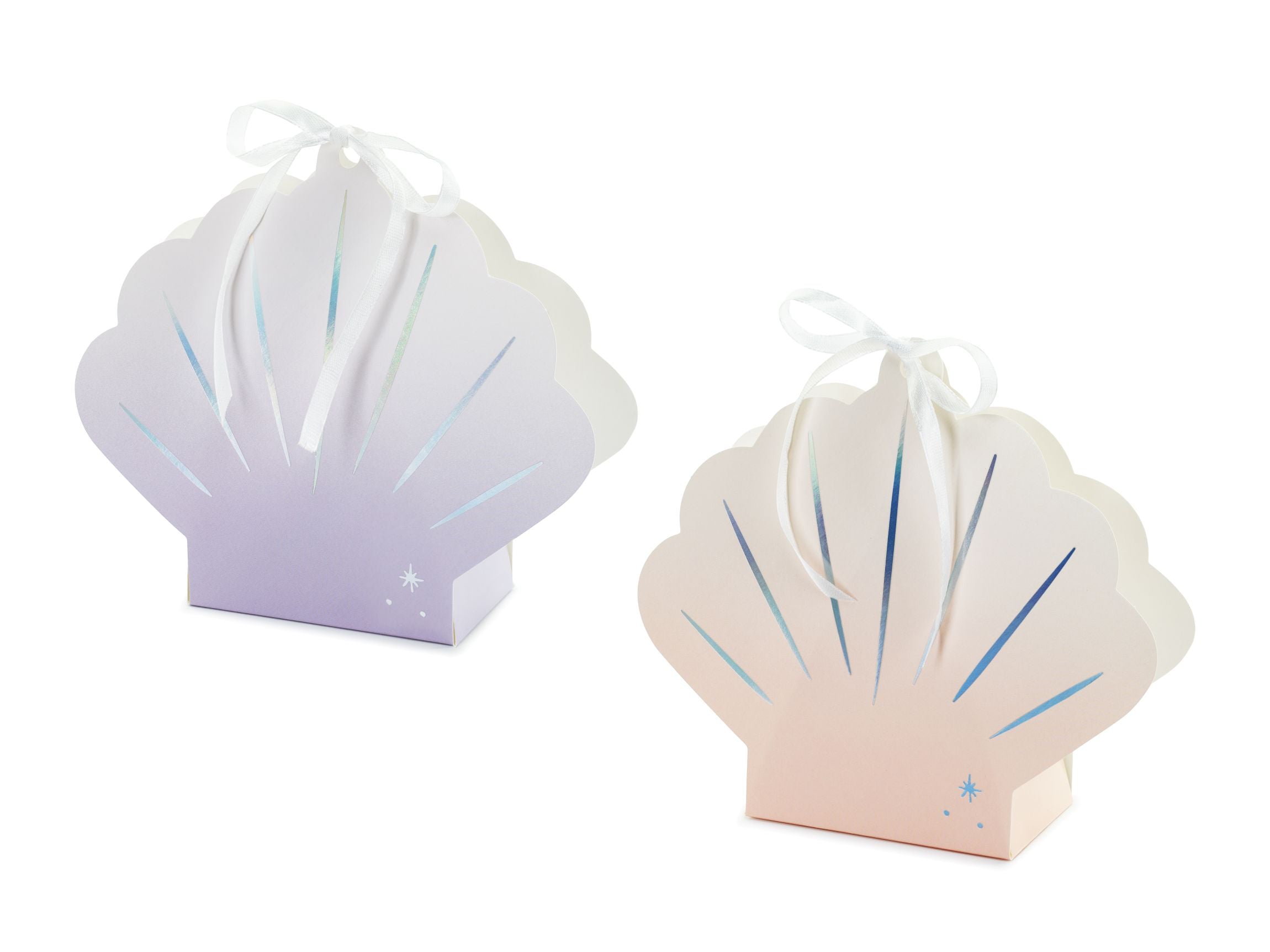 Two assembled seashell-shaped paper snack boxes with an iridescent sheen, one with a purple gradient and the other with a peach gradient, each tied with a white ribbon, shown on a white background.