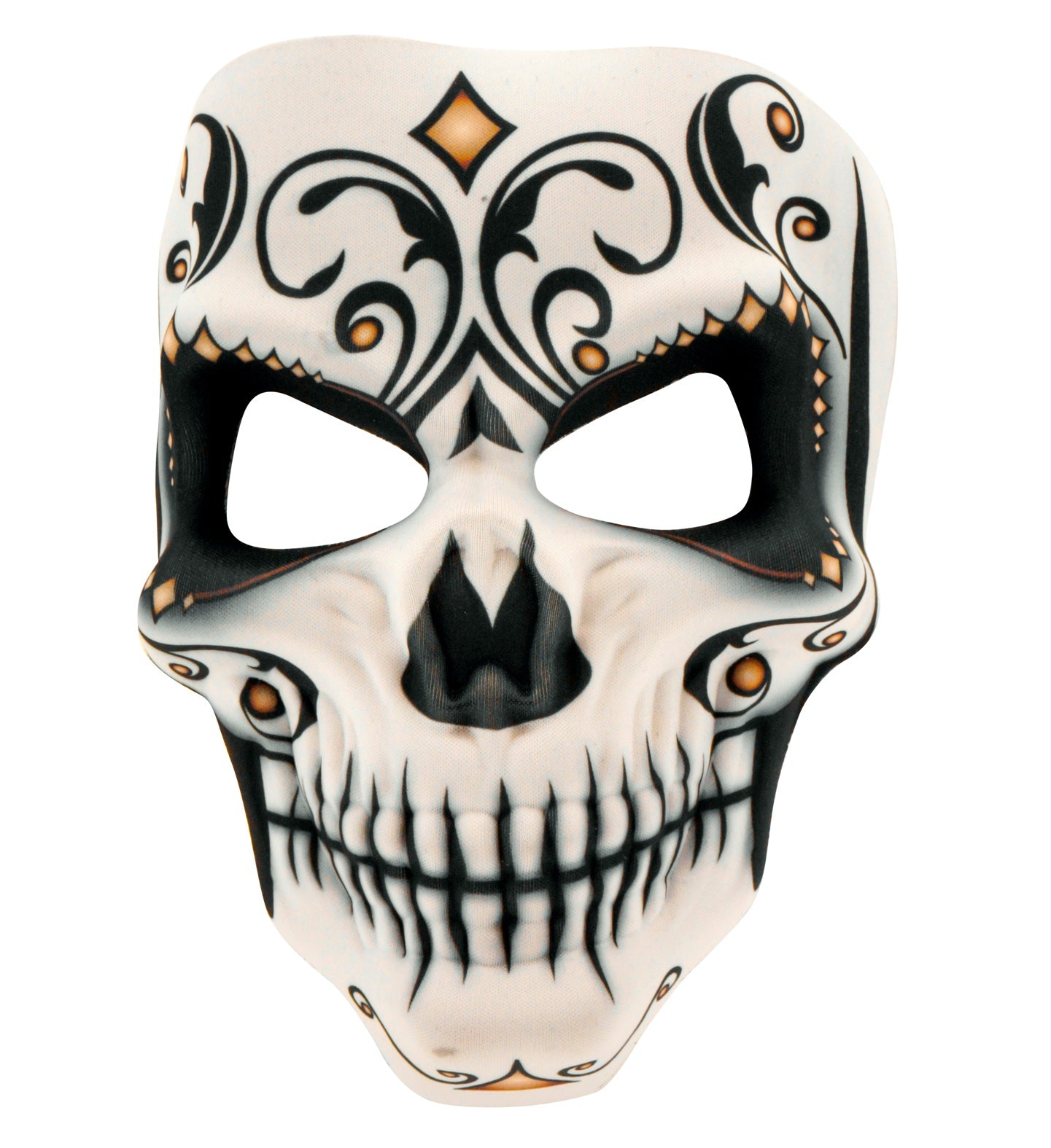 A white Day of the Dead sugar skull mask with intricate black and gold filigree designs, shown on a plain background.