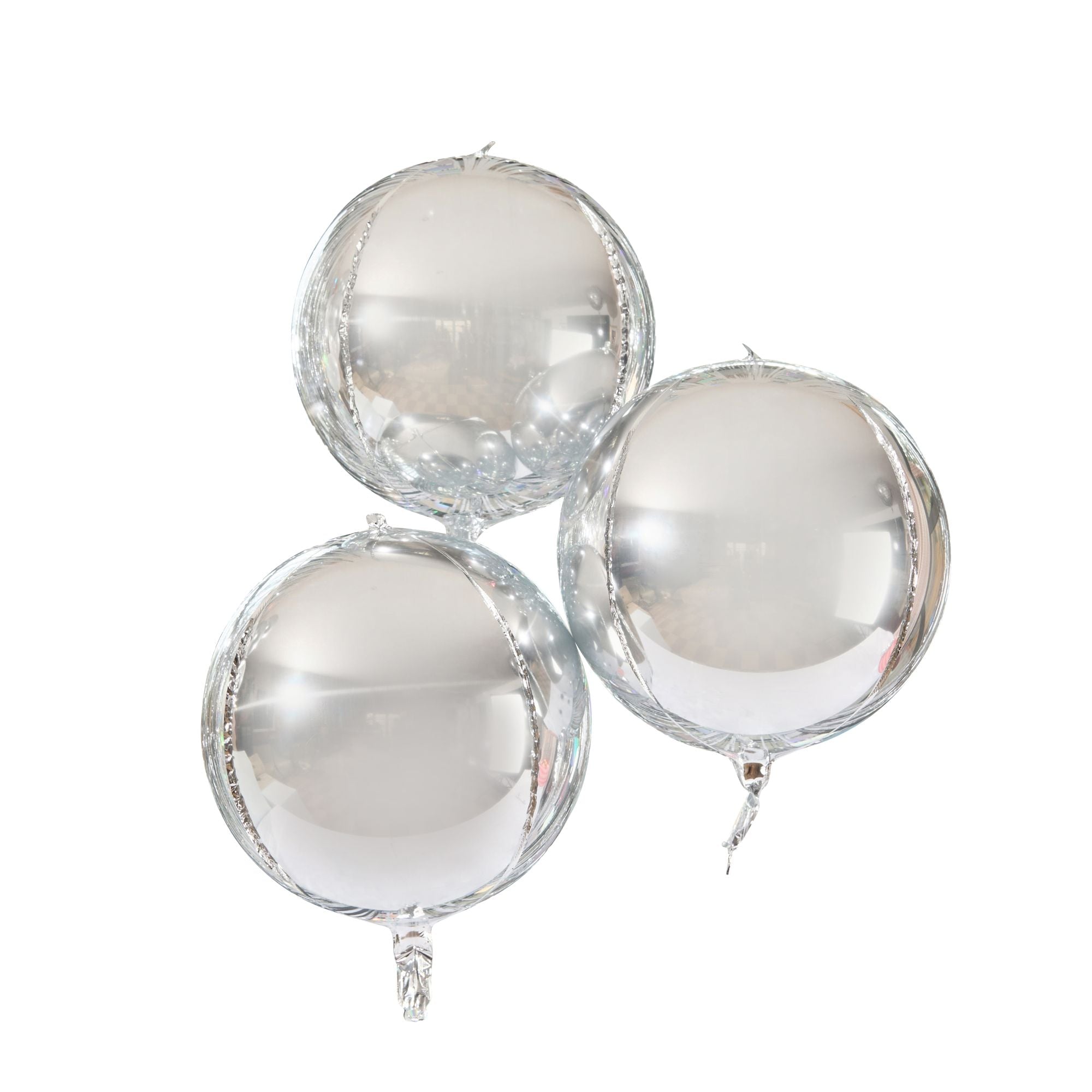Pack of 3 silver orb foil balloons with a reflective mirror-like metallic finish.