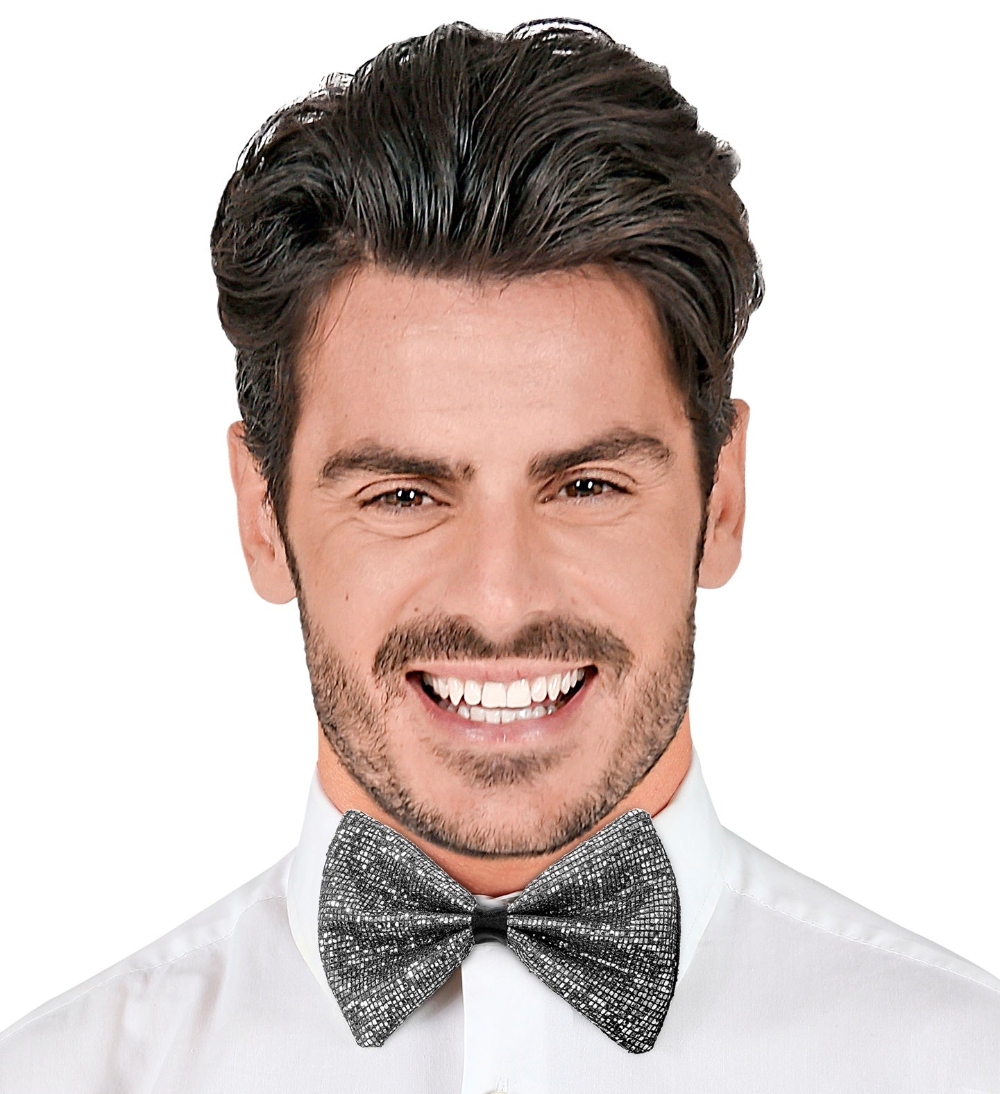 A smiling man modeling the unisex silver sparkly bowtie with a white collared shirt.