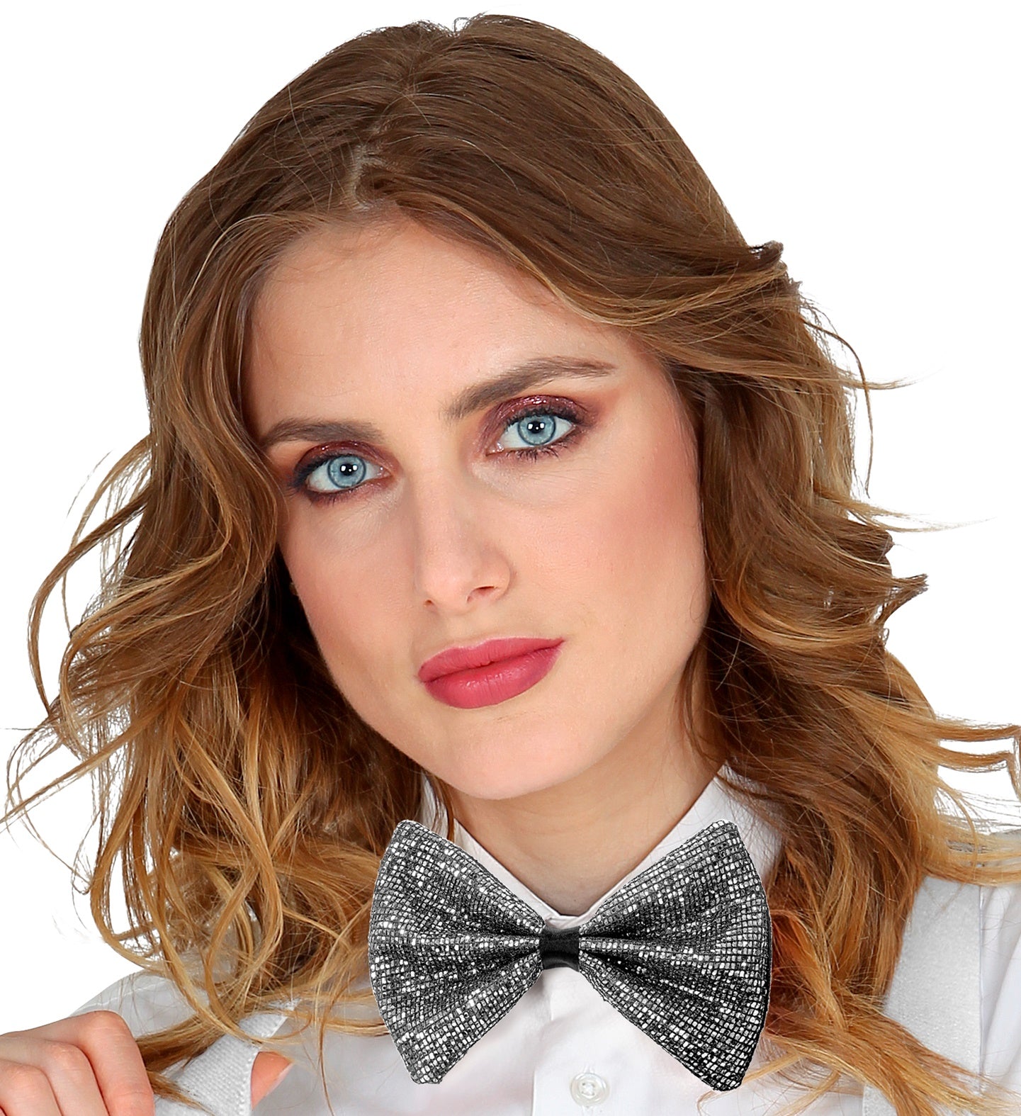 A woman with blue eyes wearing the silver glitter bowtie for a stylish, formal look.