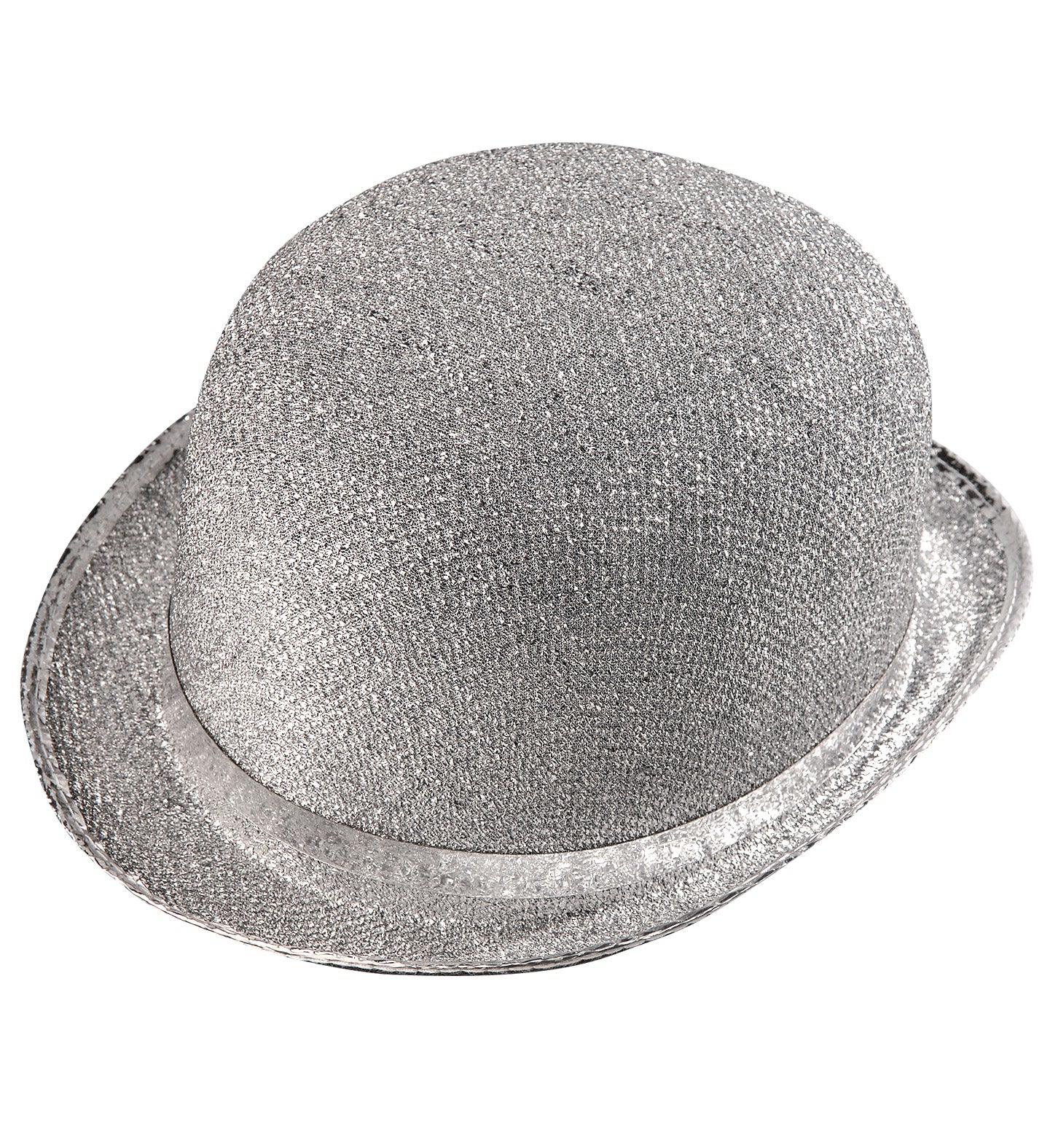 A single silver-colored, glittery felt bowler hat with a black ribbon band, isolated on a white background.