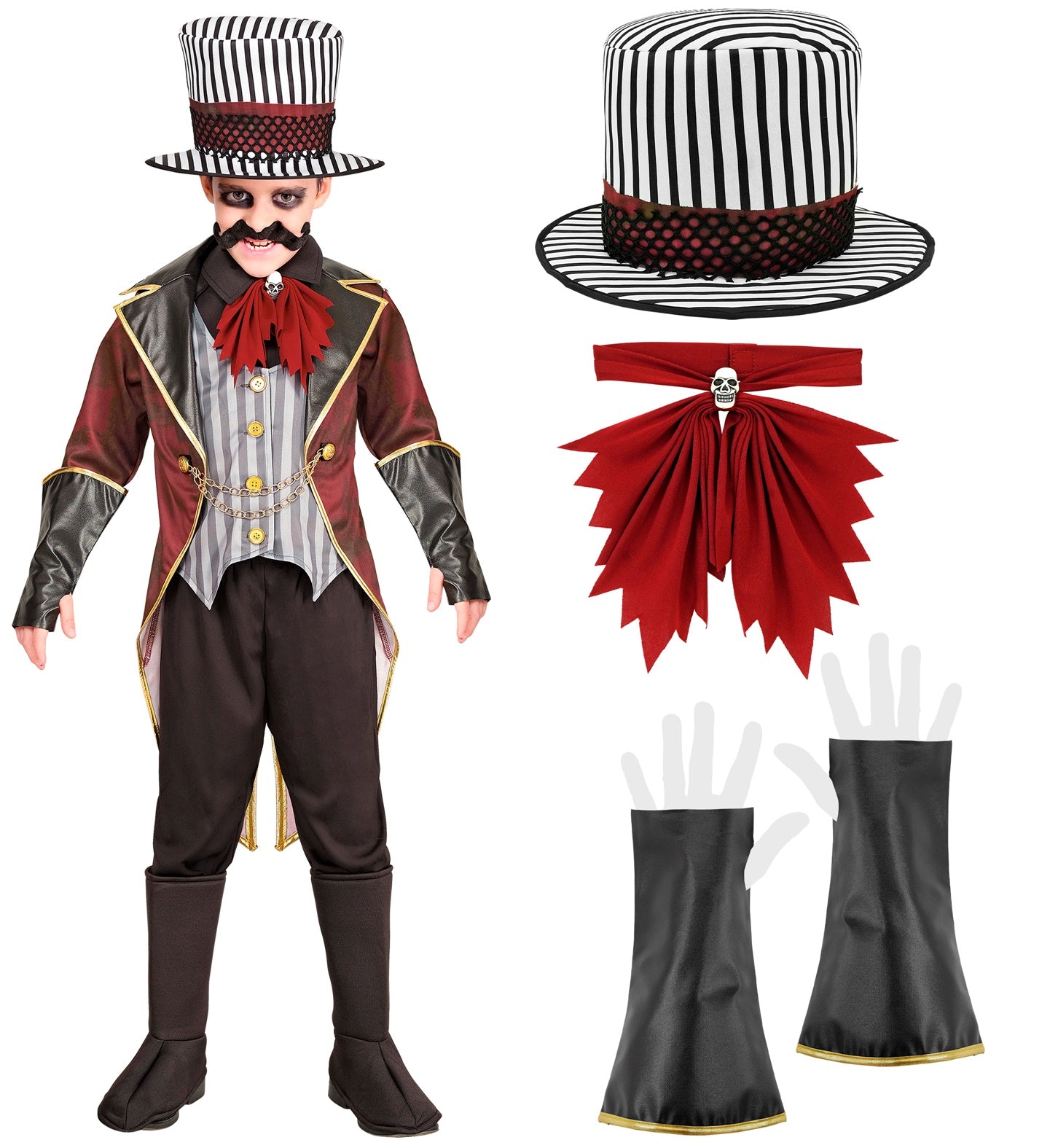 A collage showing the boys' sinister ringmaster costume and its included accessories: a striped top hat, a red skull jabot, and black gloves with white illusion hands.