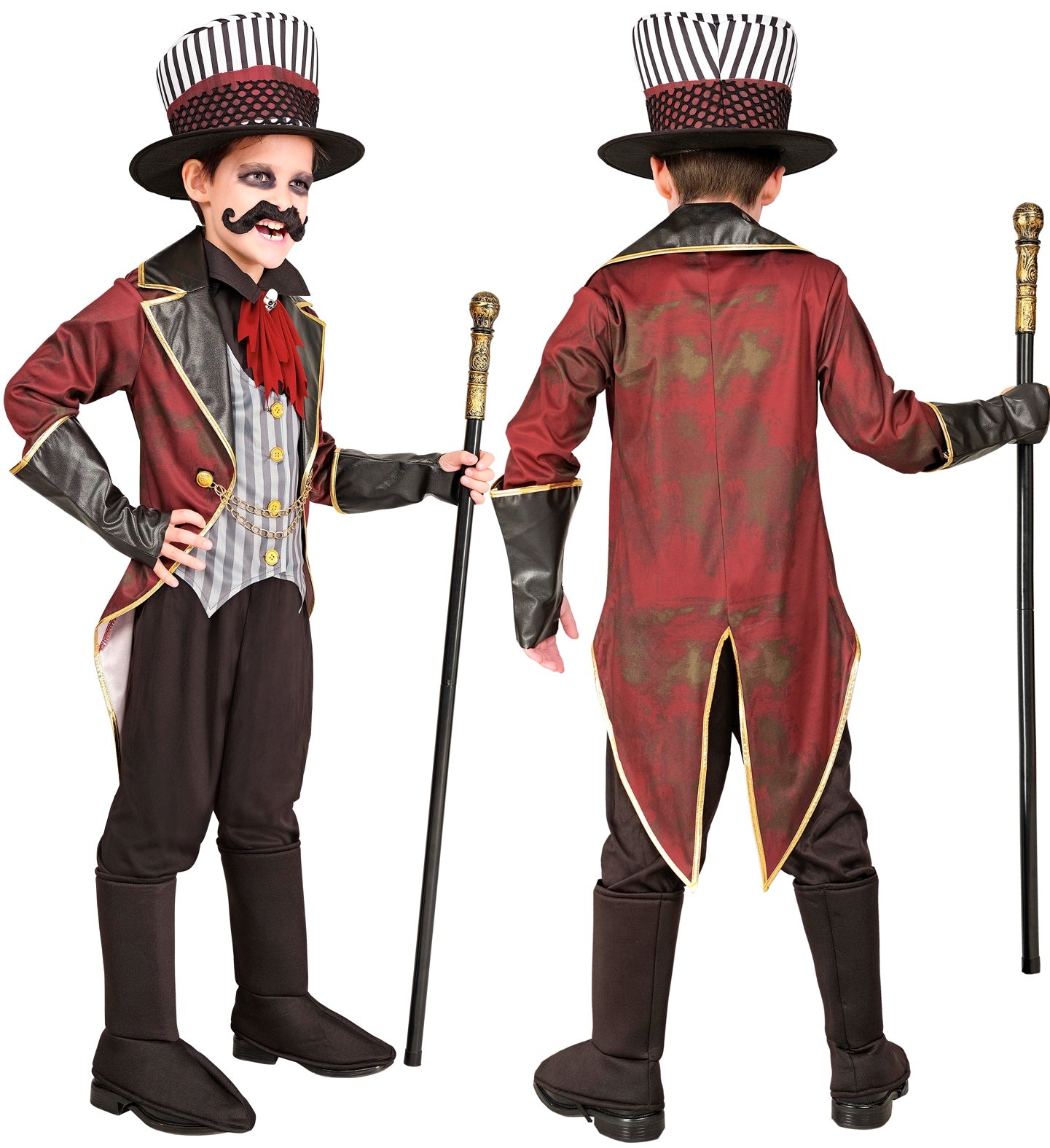  Side and back views of the boys' sinister ringmaster costume, highlighting the red tailcoat and striped top hat.
