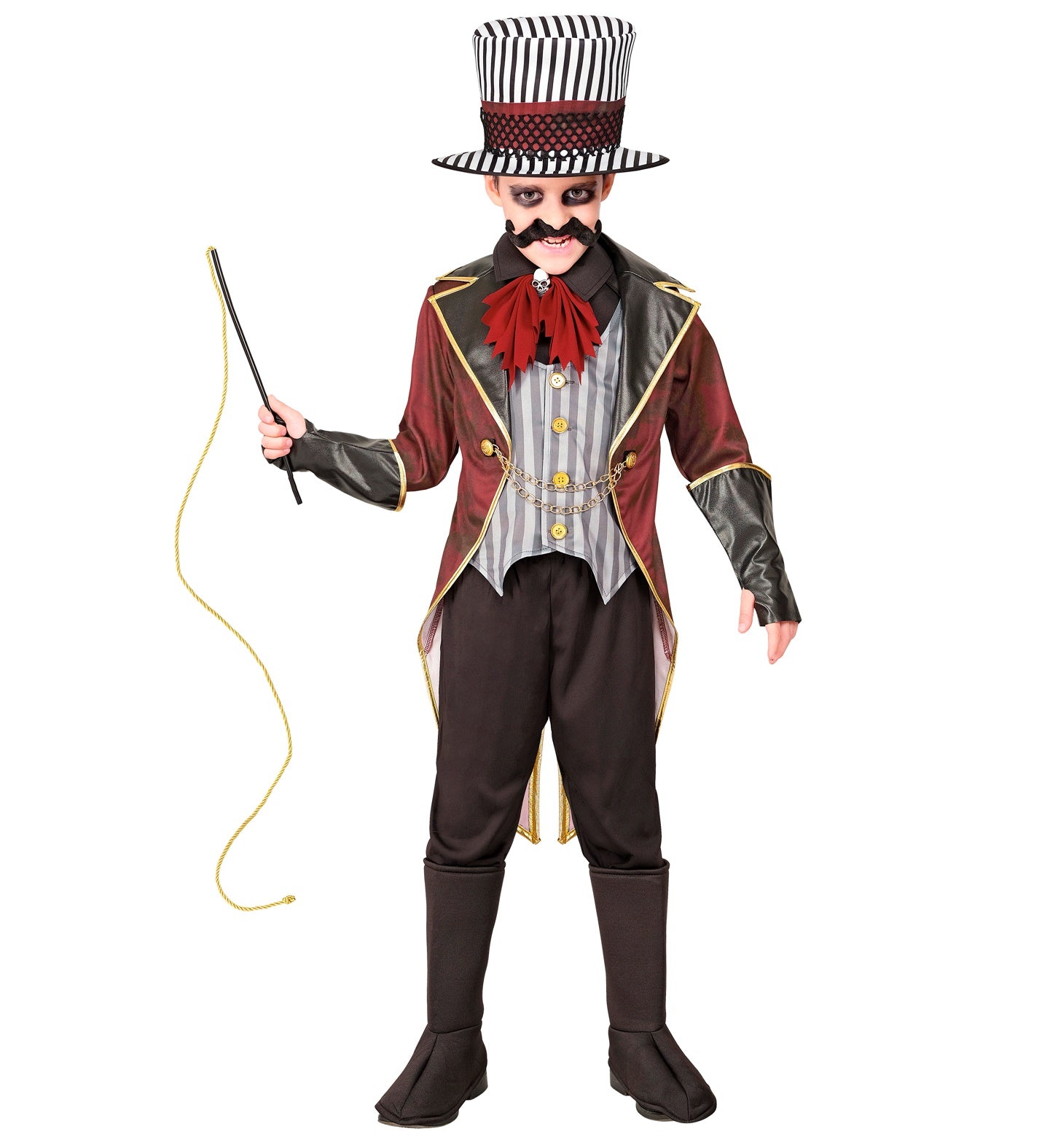 A boy models a sinister ringmaster costume, holding a whip and wearing a striped top hat, a red tailcoat with a vest, and dark makeup.