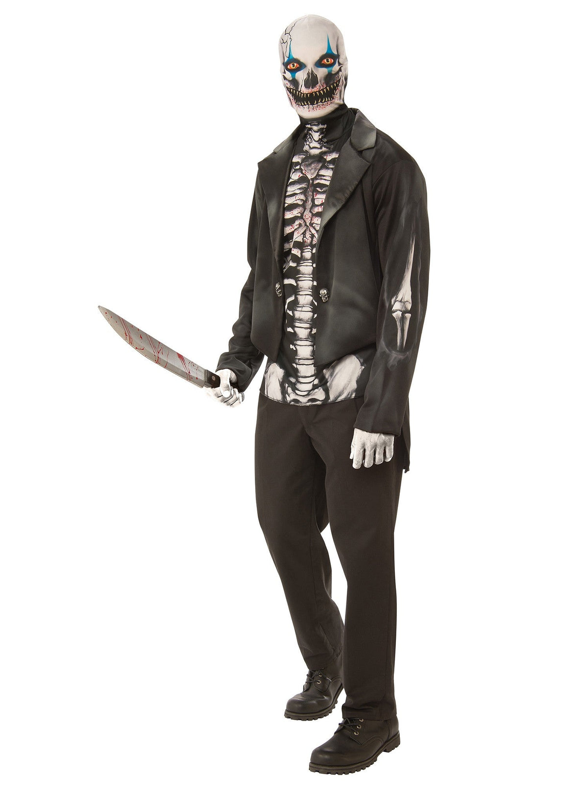 A man wearing a terrifying Skeleton Clown Costume, featuring a printed skeleton ribcage top with an attached black jacket, paired with a fitted mesh mask showing a pale skull with a jagged grinning mouth and blue clown eye makeup