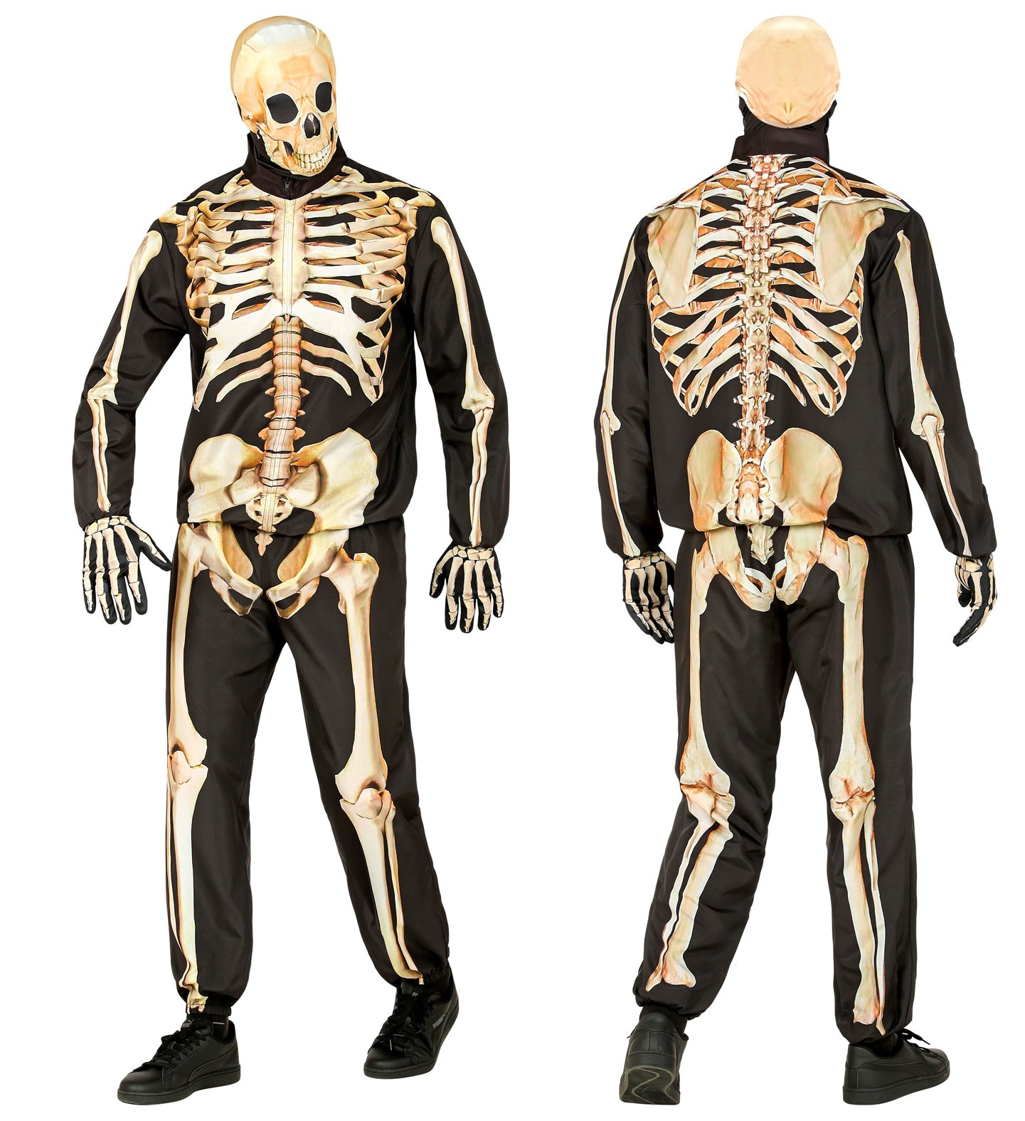 Front and back view of the adult skeleton costume, displaying the full, detailed bone print on the jacket and pants.