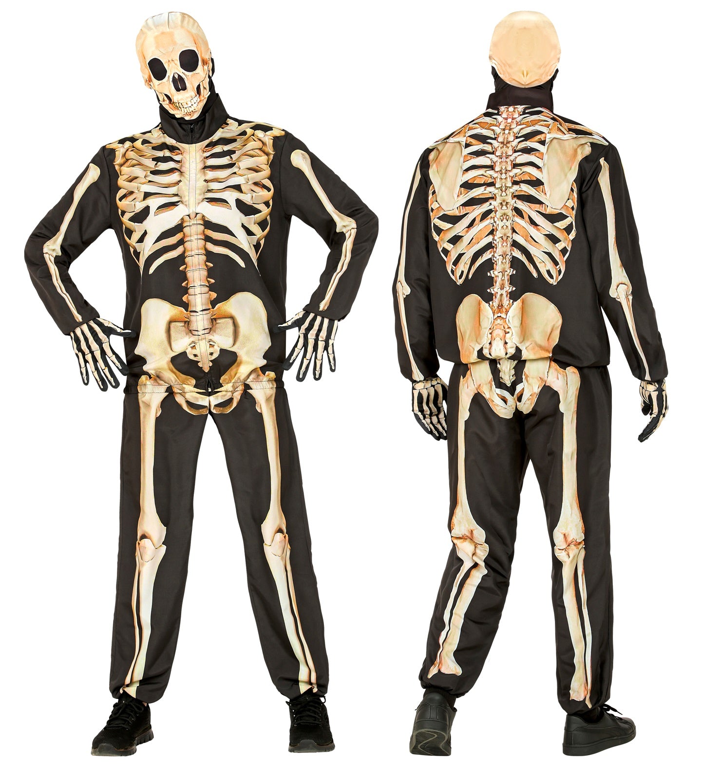 A man in various poses wearing the easy-on adult skeleton tracksuit-style costume with a full head mask and gloves.