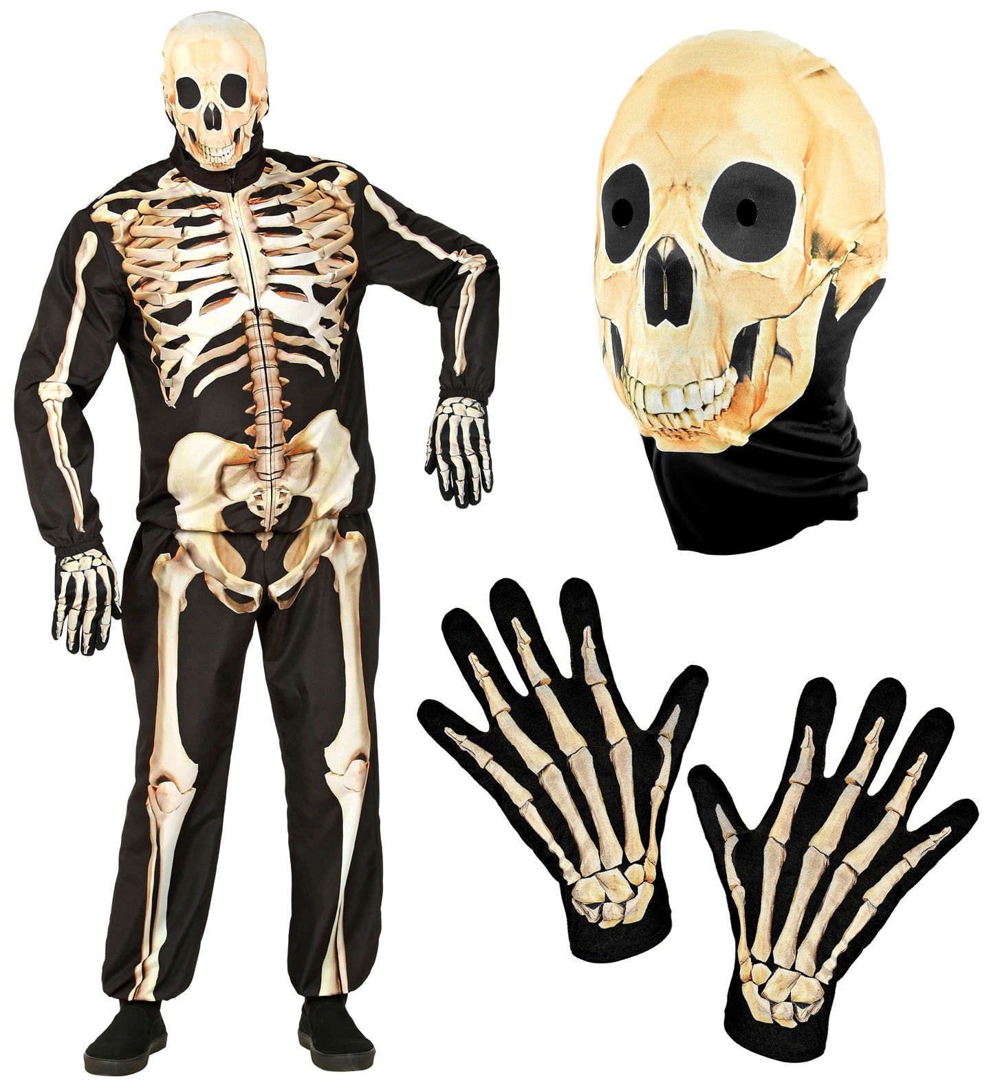 A collage showing the full adult skeleton costume and its included parts: a skull mask hood and a pair of bone-print gloves.