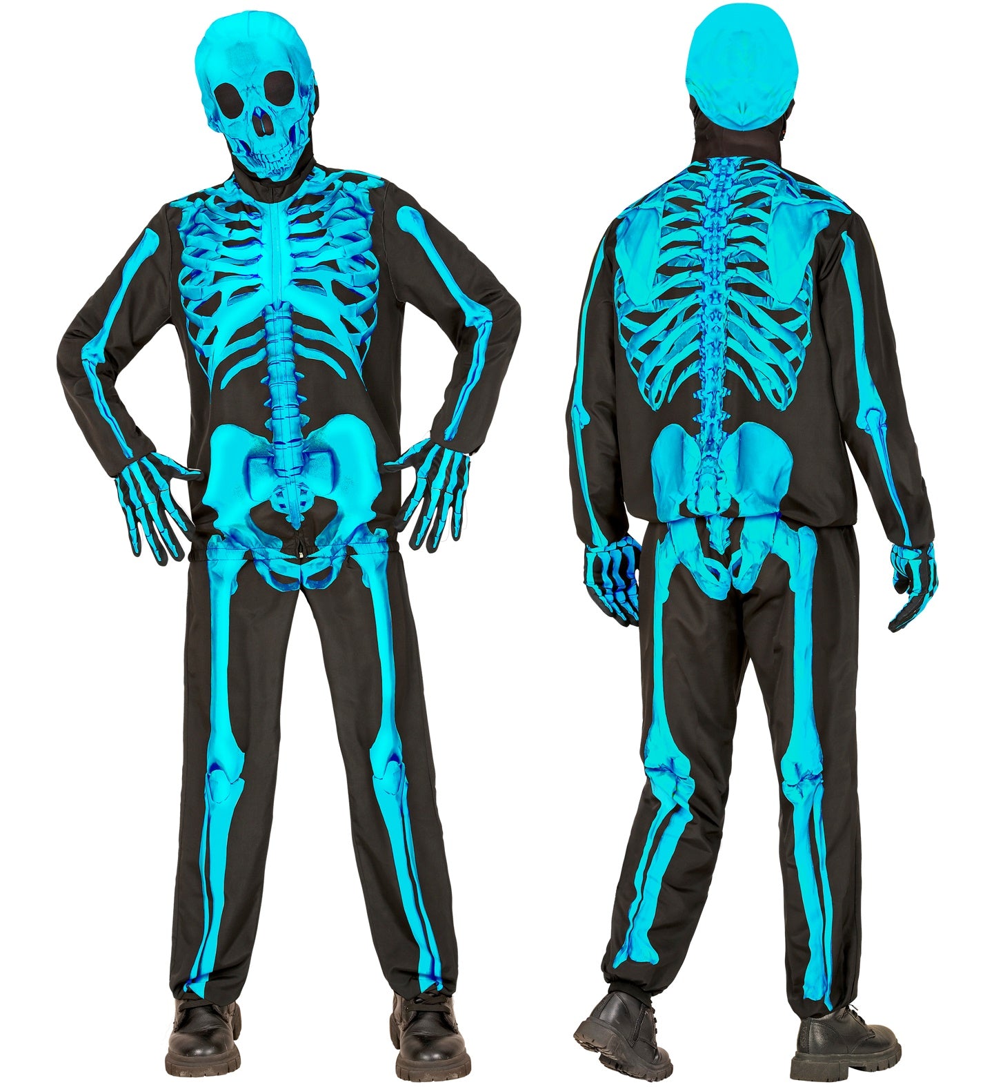 Front and back views of the child's neon blue skeleton costume, displaying the full, vibrant bone print on the black tracksuit.